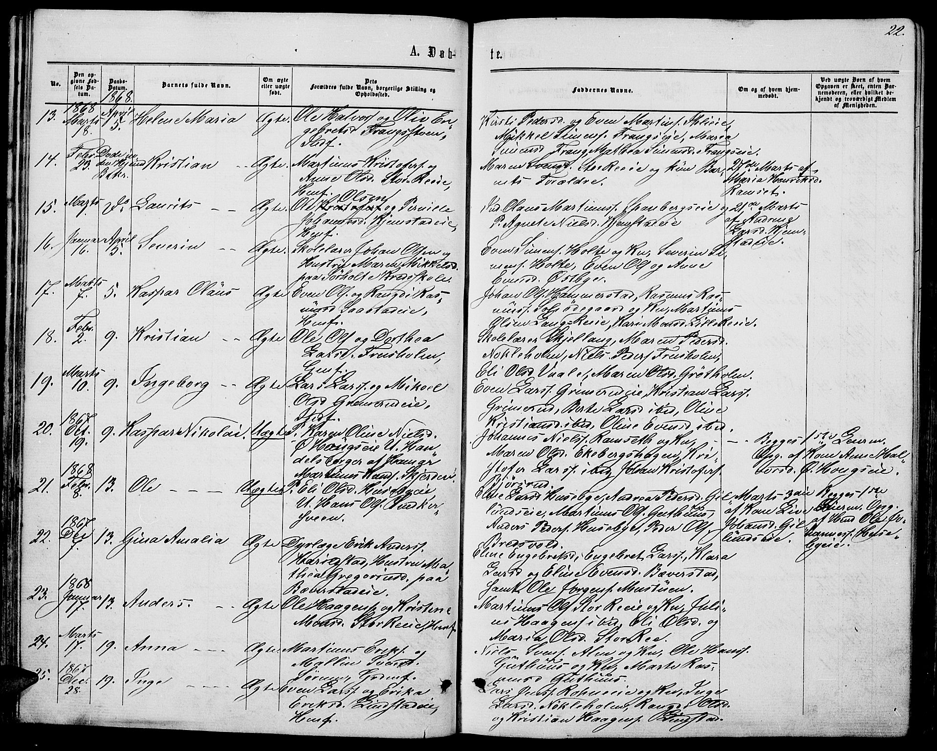 Stange prestekontor, AV/SAH-PREST-002/L/L0006: Parish register (copy) no. 6, 1864-1882, p. 22