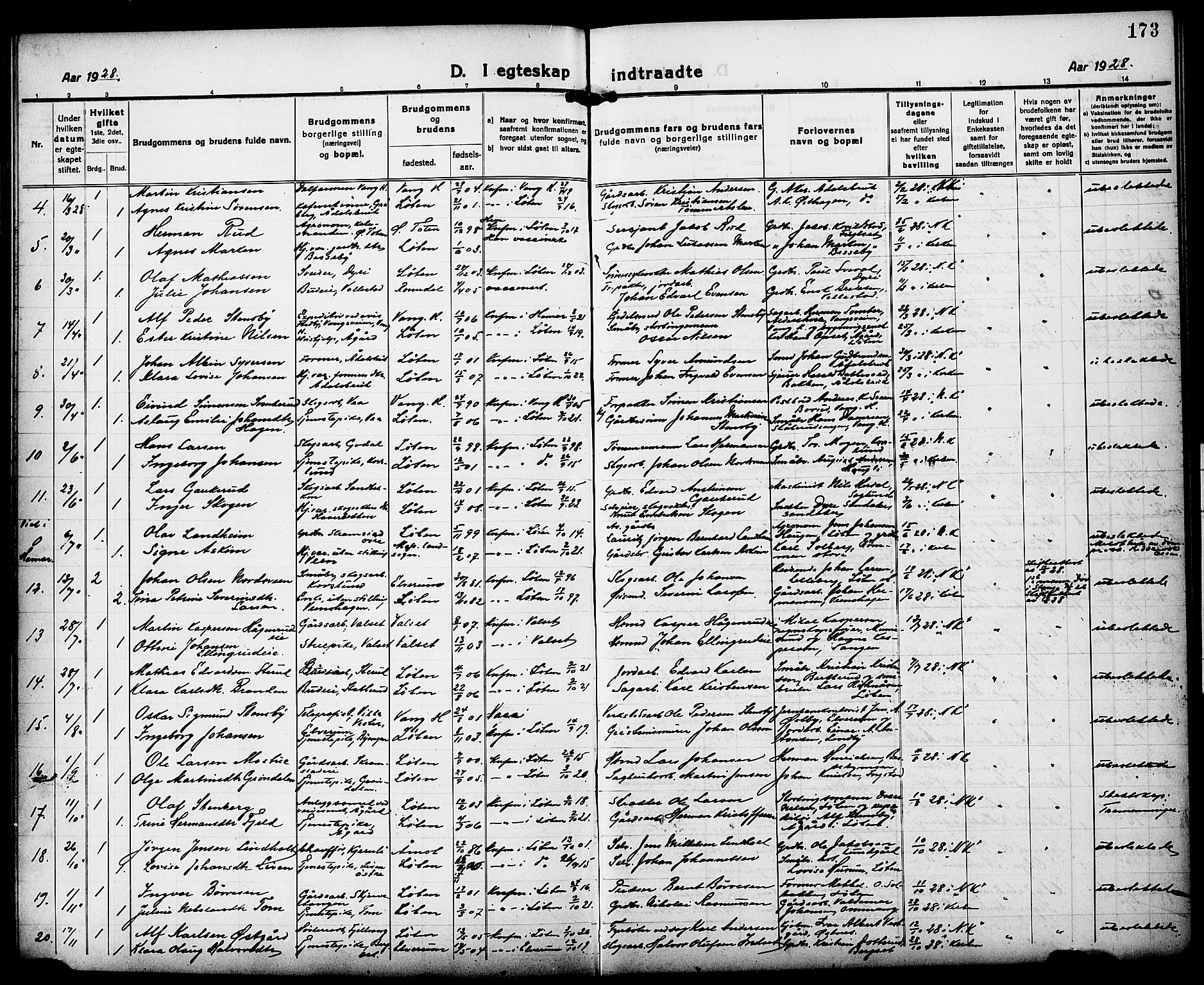 Løten prestekontor, AV/SAH-PREST-022/L/La/L0008: Parish register (copy) no. 8, 1920-1929, p. 173