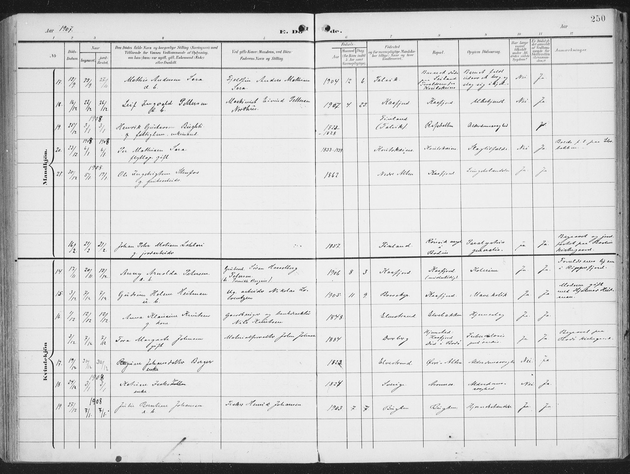 Alta sokneprestkontor, SATØ/S-1338/H/Ha/L0005.kirke: Parish register (official) no. 5, 1904-1918, p. 250