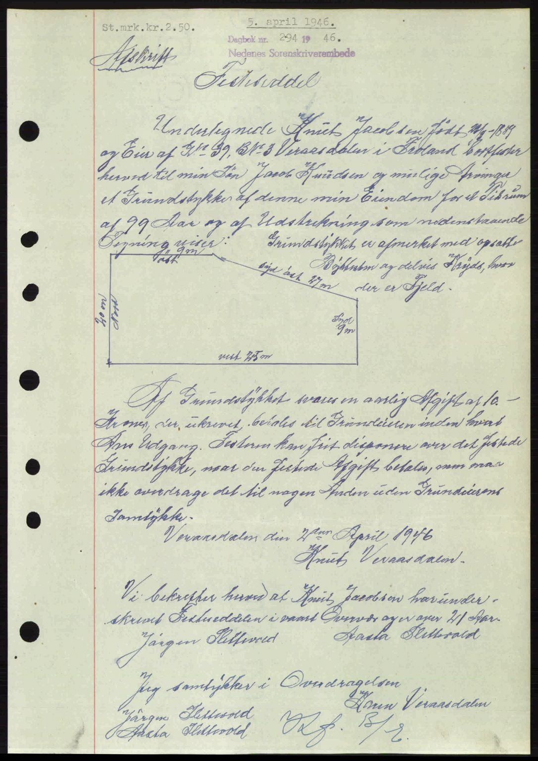 Nedenes sorenskriveri, AV/SAK-1221-0006/G/Gb/Gba/L0054: Mortgage book no. A6c, 1946-1946, Diary no: : 294/1946