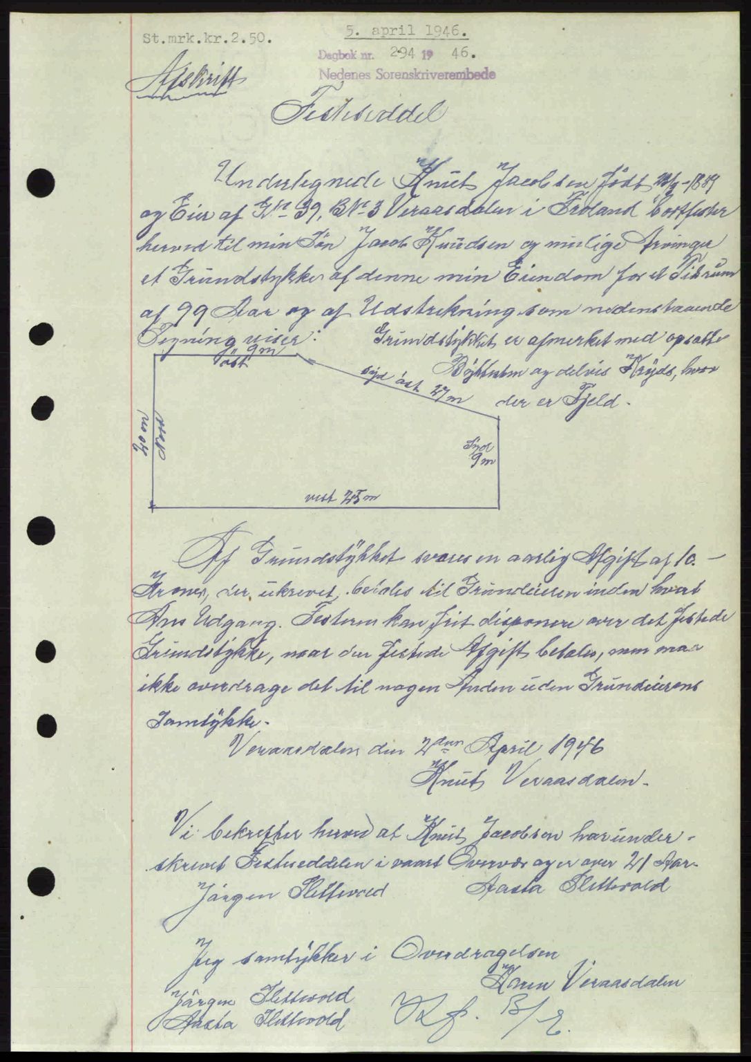 Nedenes sorenskriveri, SAK/1221-0006/G/Gb/Gba/L0054: Mortgage book no. A6c, 1946-1946, Diary no: : 294/1946