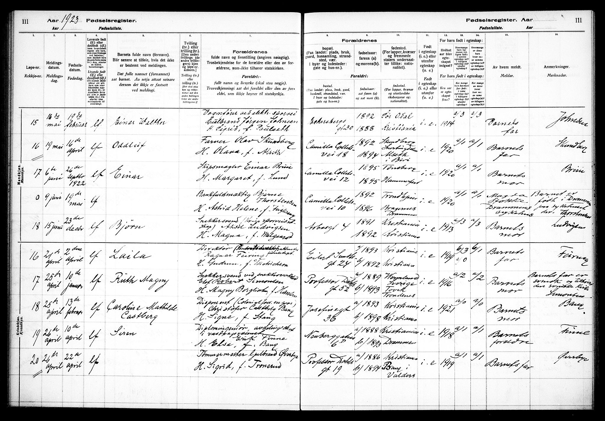 Uranienborg prestekontor Kirkebøker, AV/SAO-A-10877/J/Ja/L0001: Birth register no. 1, 1916-1930, p. 111