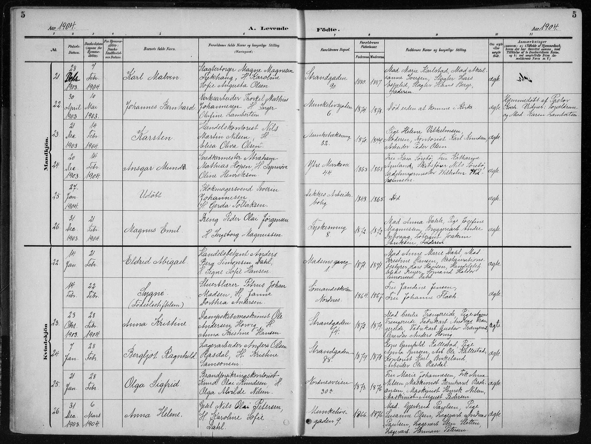 Nykirken Sokneprestembete, AV/SAB-A-77101/H/Haa/L0019: Parish register (official) no. B 7, 1904-1916, p. 5