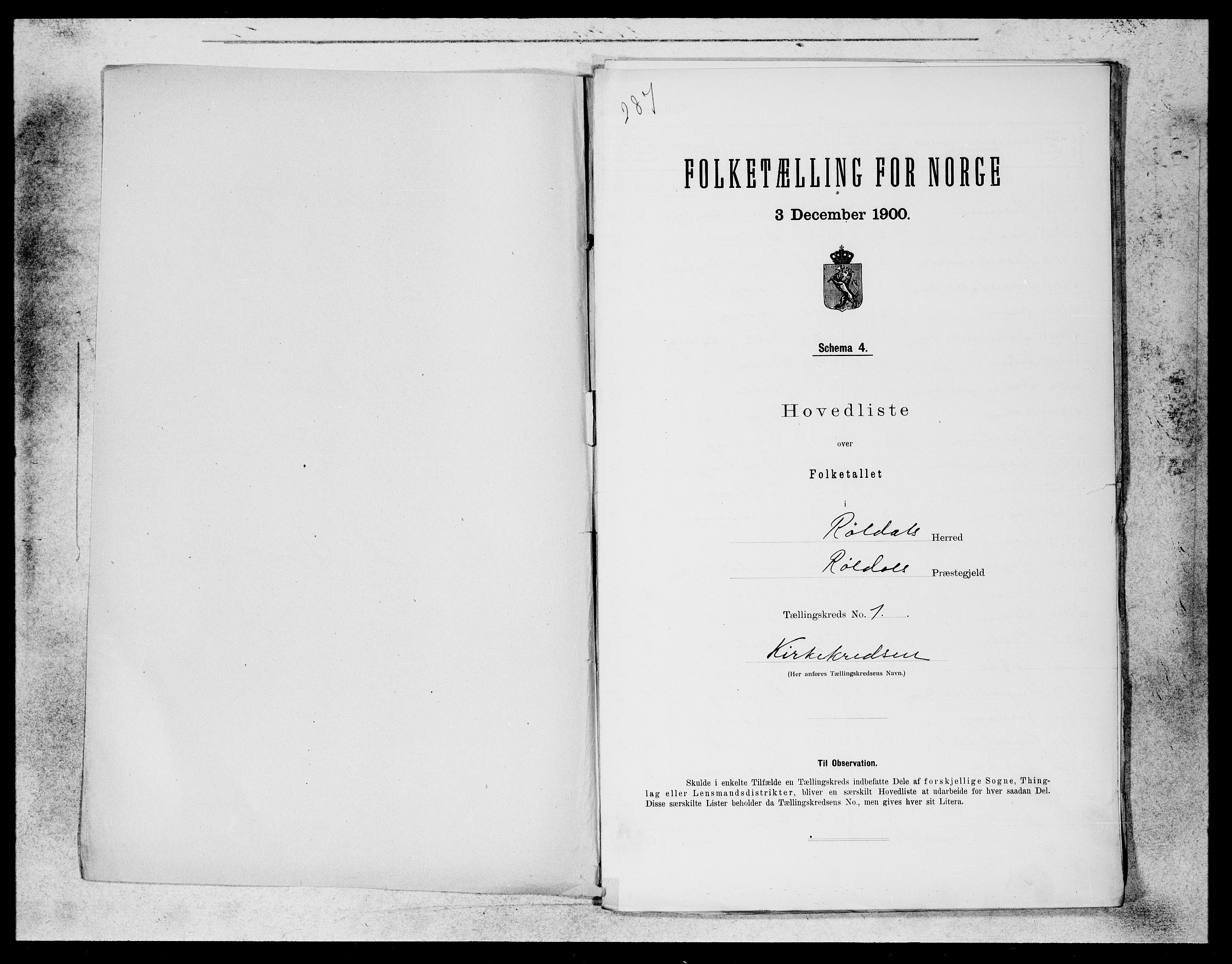 SAB, 1900 census for Røldal, 1900, p. 1