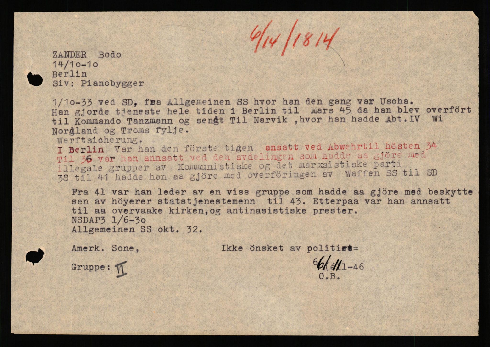 Forsvaret, Forsvarets overkommando II, AV/RA-RAFA-3915/D/Db/L0037: CI Questionaires. Tyske okkupasjonsstyrker i Norge. Tyskere., 1945-1946, p. 48