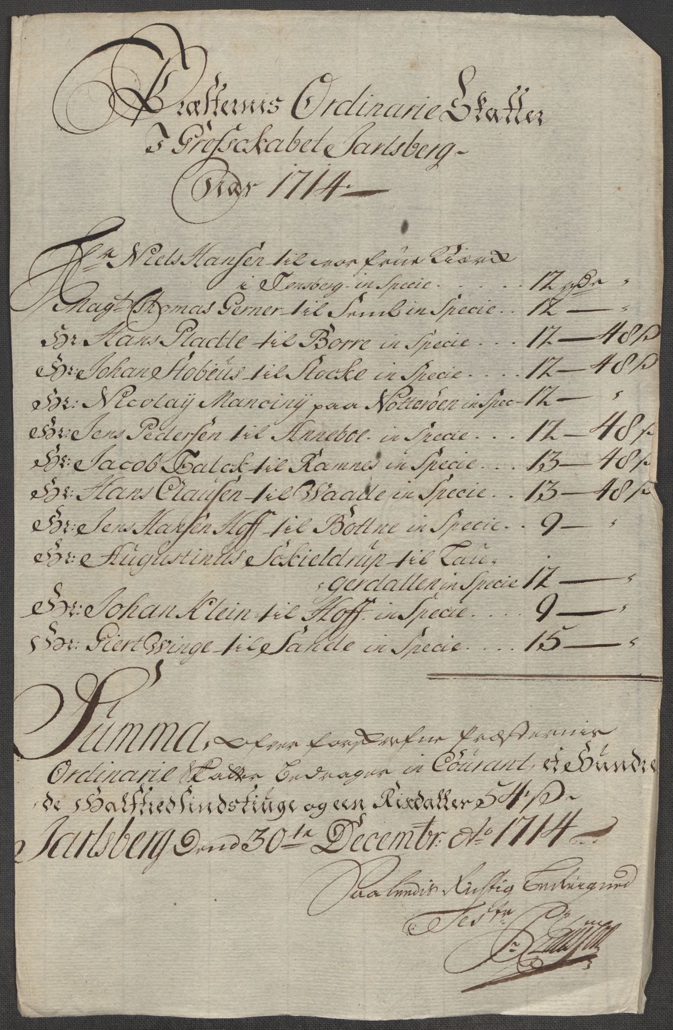 Rentekammeret inntil 1814, Reviderte regnskaper, Fogderegnskap, RA/EA-4092/R32/L1879: Fogderegnskap Jarlsberg grevskap, 1714-1715, p. 133