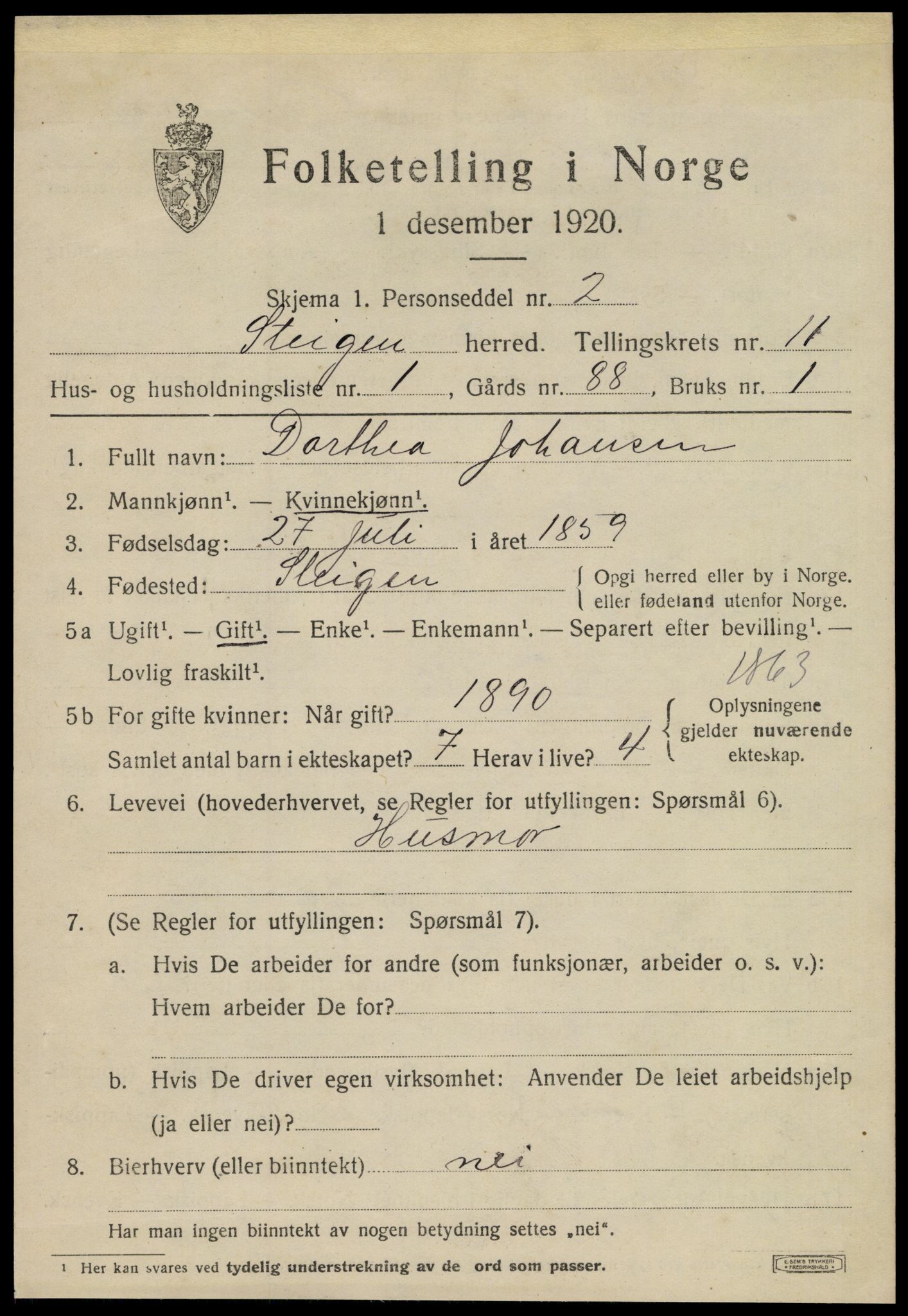 SAT, 1920 census for Steigen, 1920, p. 4416