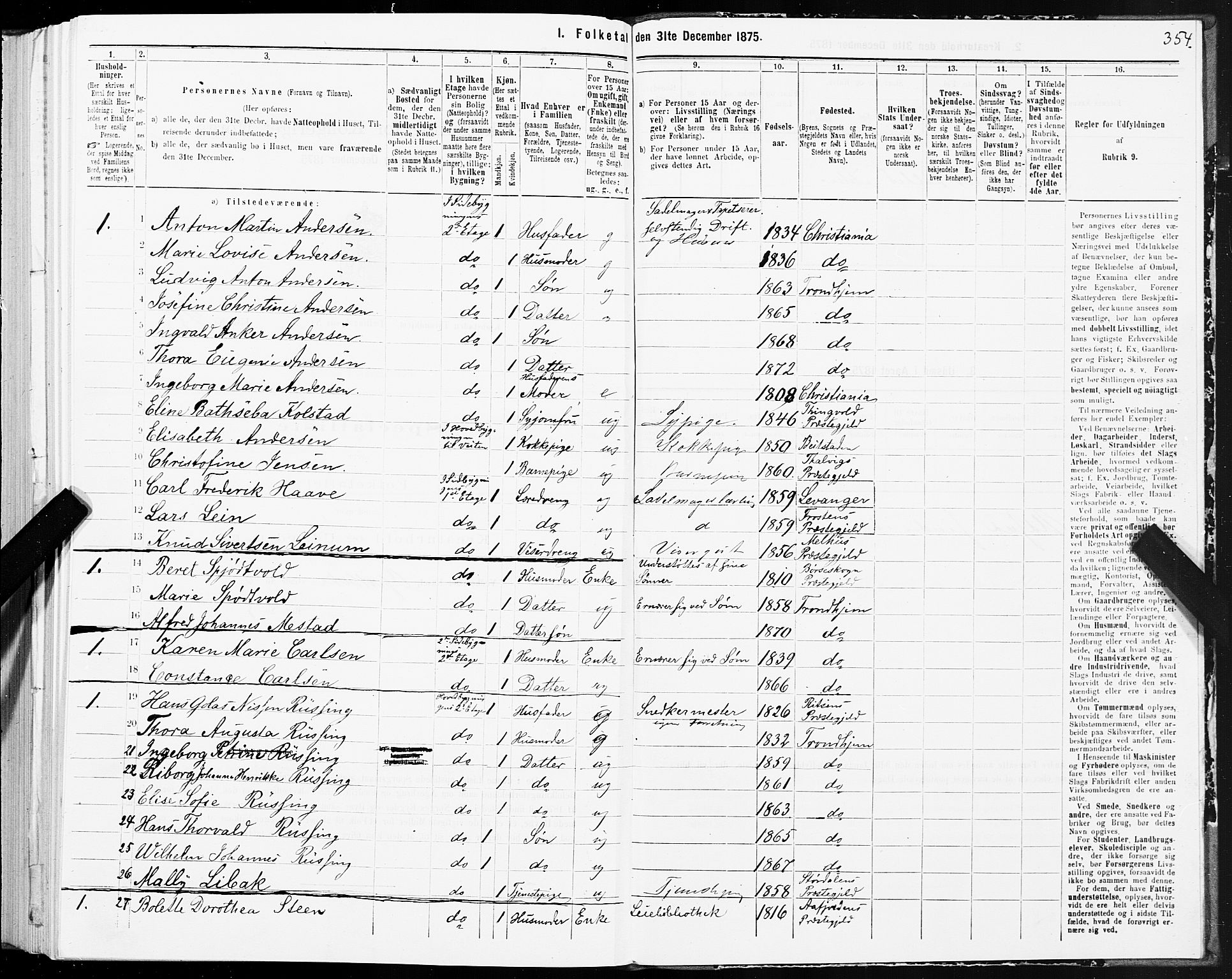 SAT, 1875 census for 1601 Trondheim, 1875, p. 3354