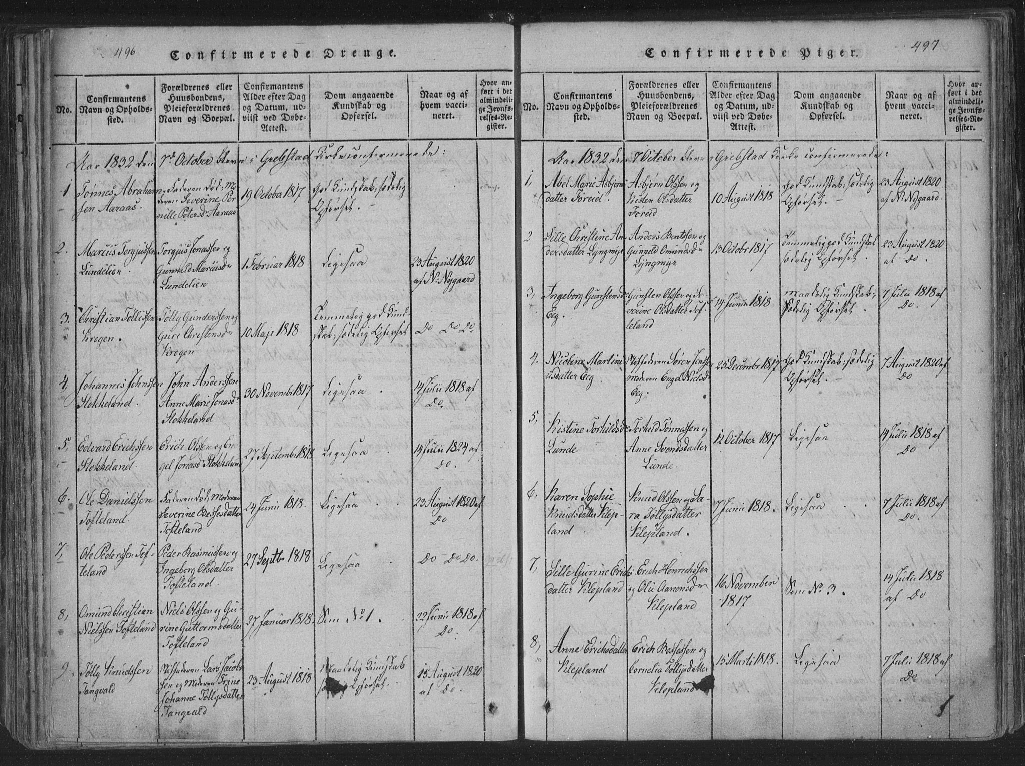 Søgne sokneprestkontor, SAK/1111-0037/F/Fa/Fab/L0008: Parish register (official) no. A 8, 1821-1838, p. 496-497