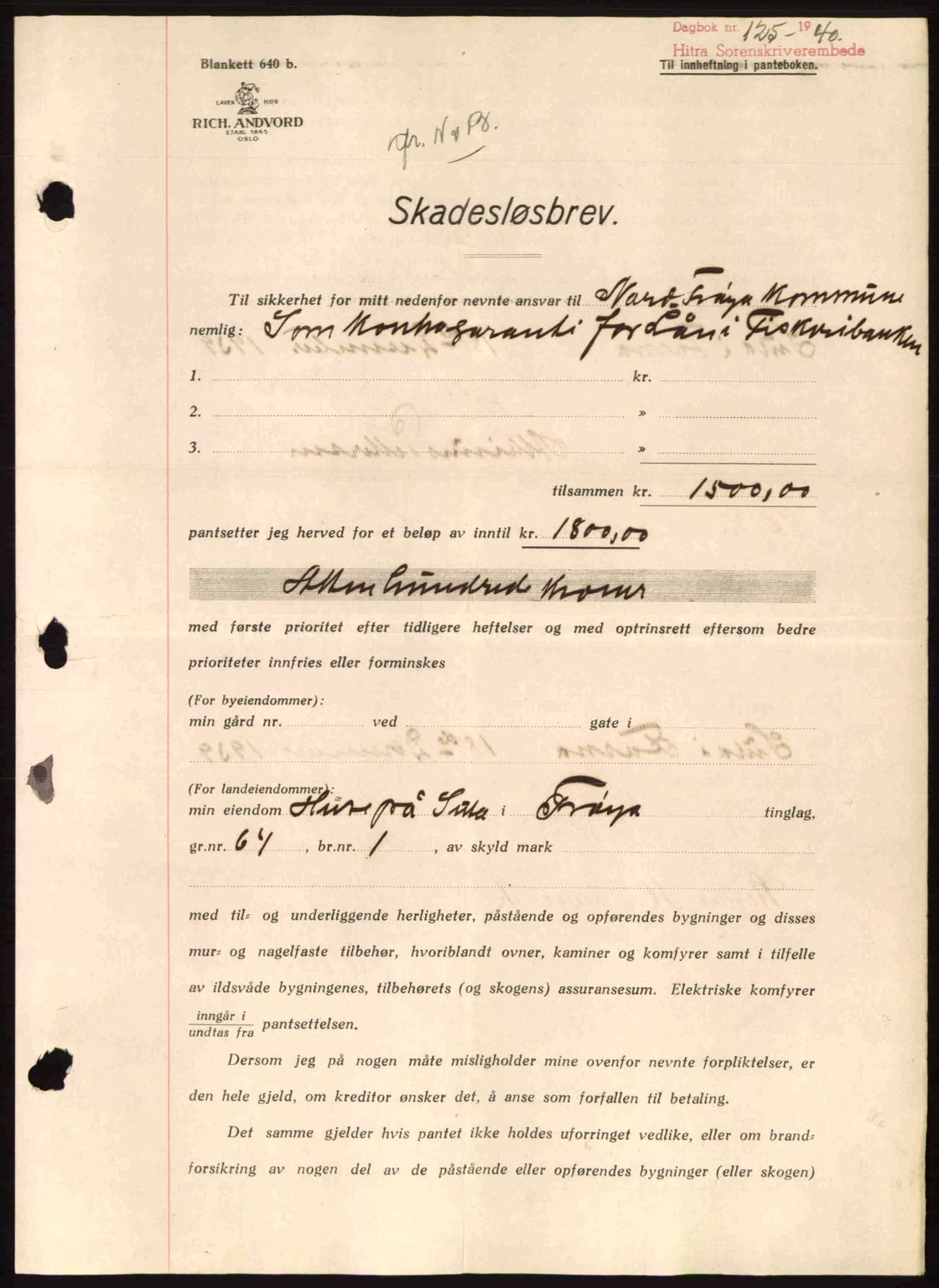 Hitra sorenskriveri, AV/SAT-A-0018/2/2C/2Ca: Mortgage book no. B1, 1939-1949, Diary no: : 125/1940