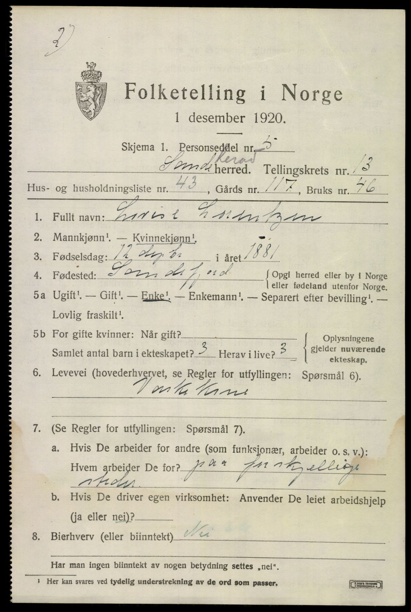 SAKO, 1920 census for Sandeherred, 1920, p. 19816