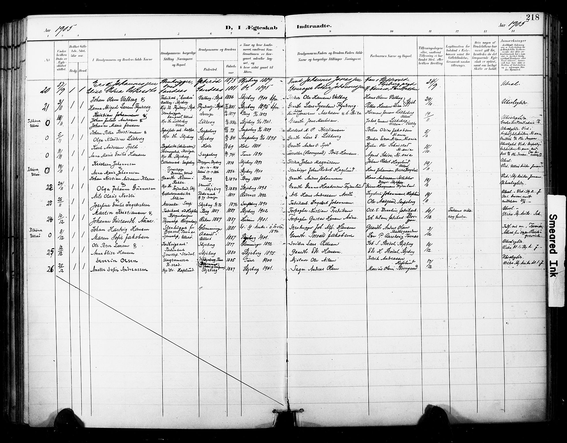 Skjeberg prestekontor Kirkebøker, SAO/A-10923/F/Fa/L0010: Parish register (official) no. I 10, 1898-1911, p. 218