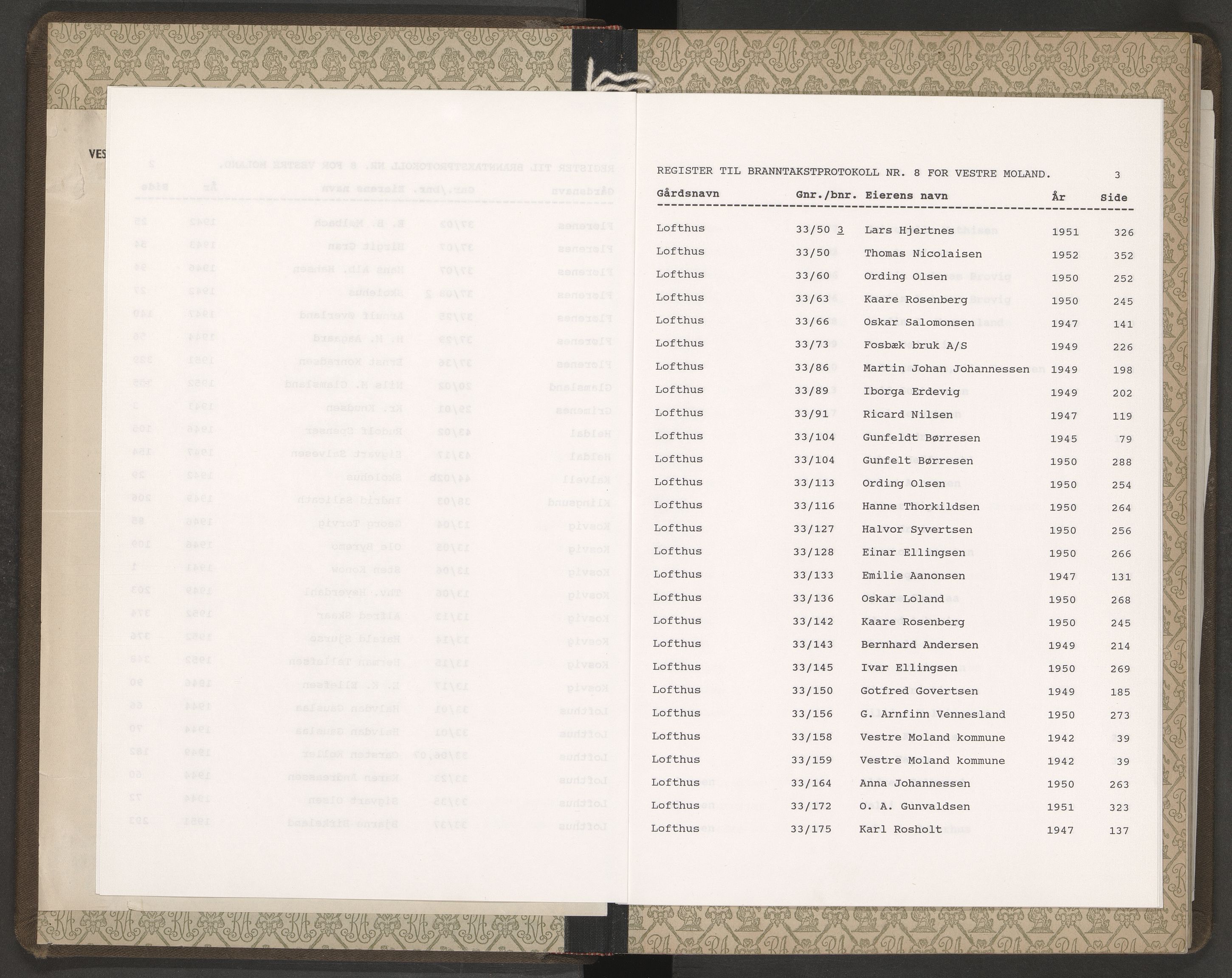 Norges Brannkasse Vestre Moland, AV/SAK-2241-0056/F/Fa/L0008: Branntakstprotokoll nr. 8 med gårdsnavnregister, 1941-1952
