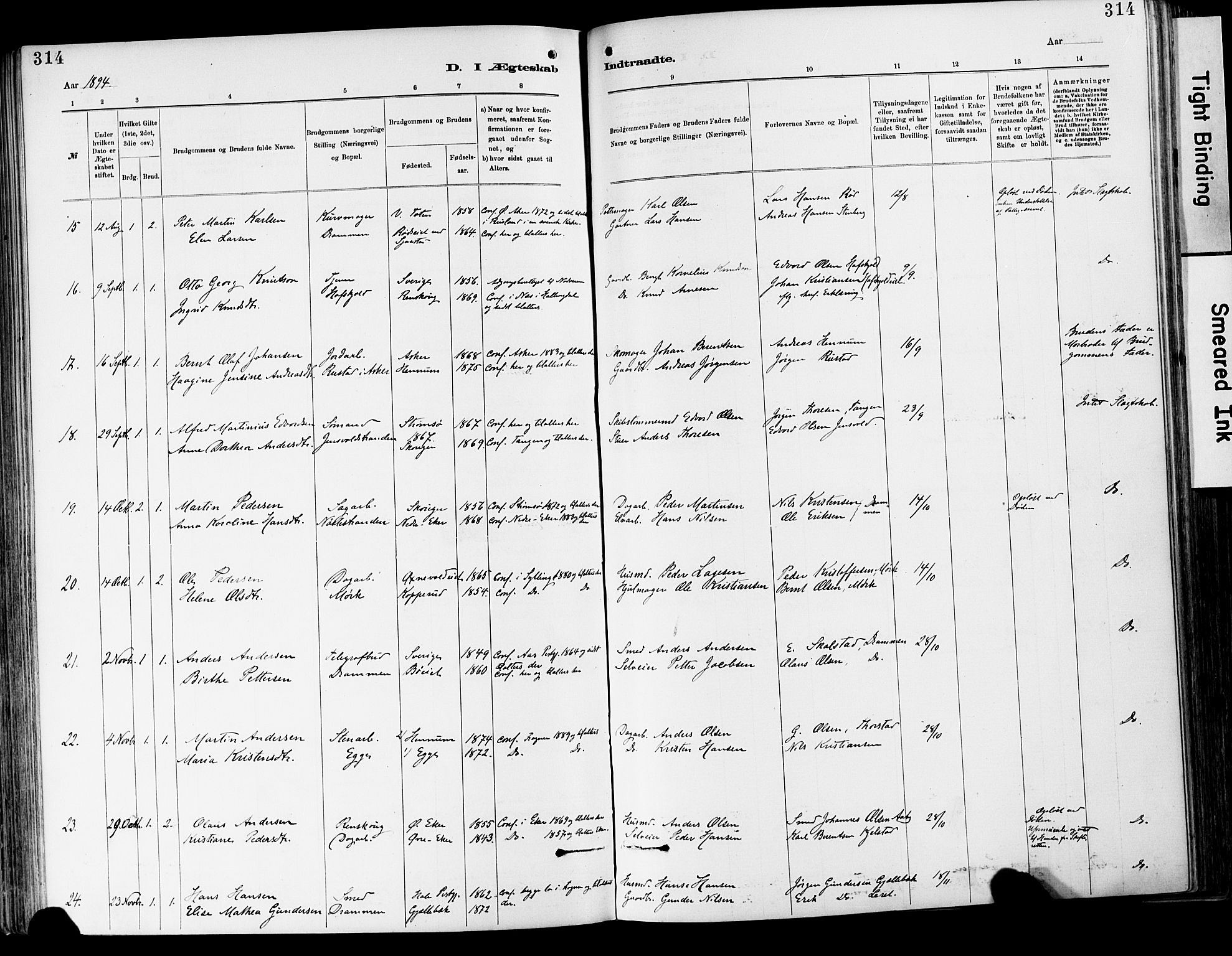 Lier kirkebøker, AV/SAKO-A-230/F/Fa/L0015: Parish register (official) no. I 15, 1883-1894, p. 314