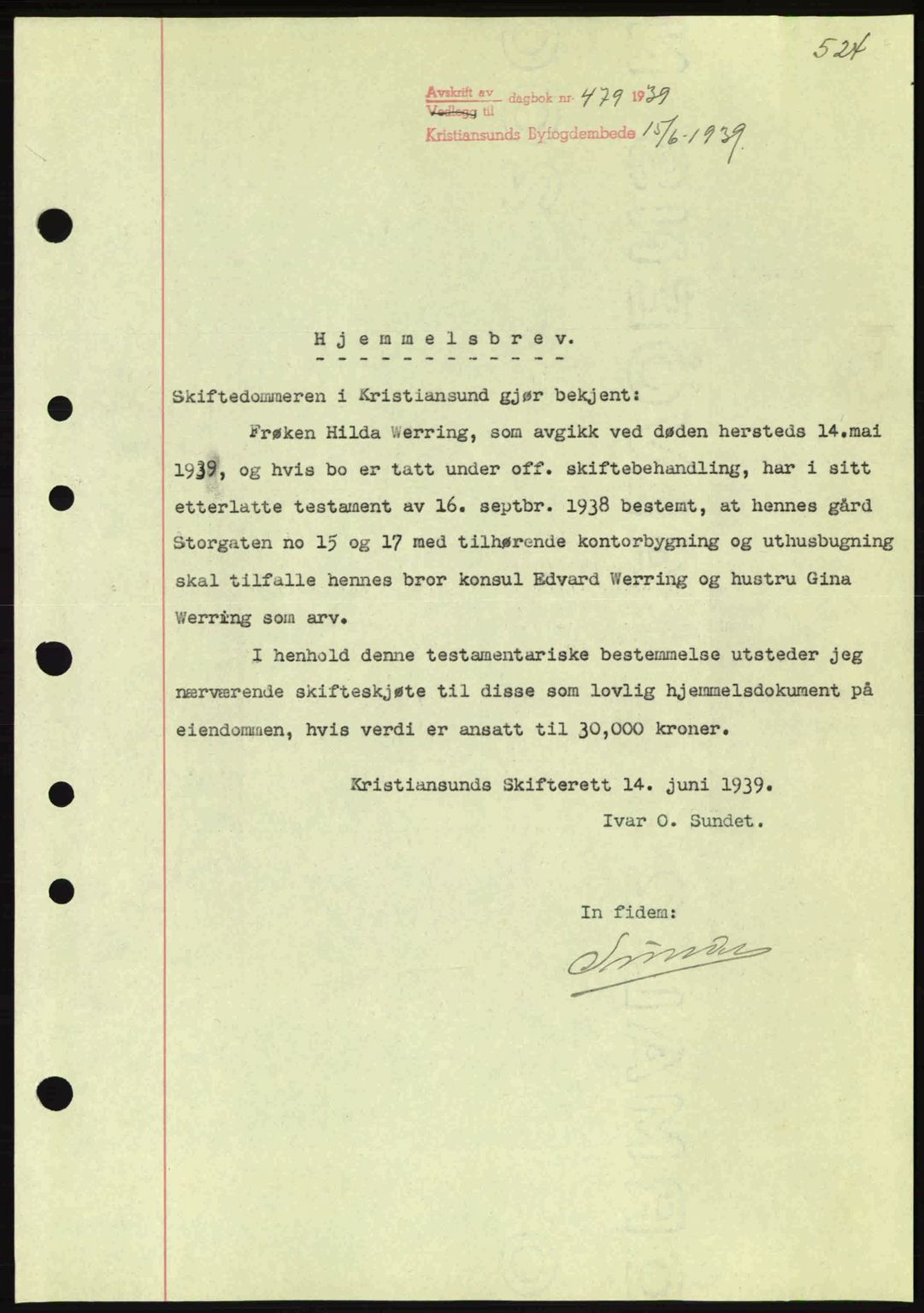 Kristiansund byfogd, AV/SAT-A-4587/A/27: Mortgage book no. 30, 1936-1941, Diary no: : 479/1939