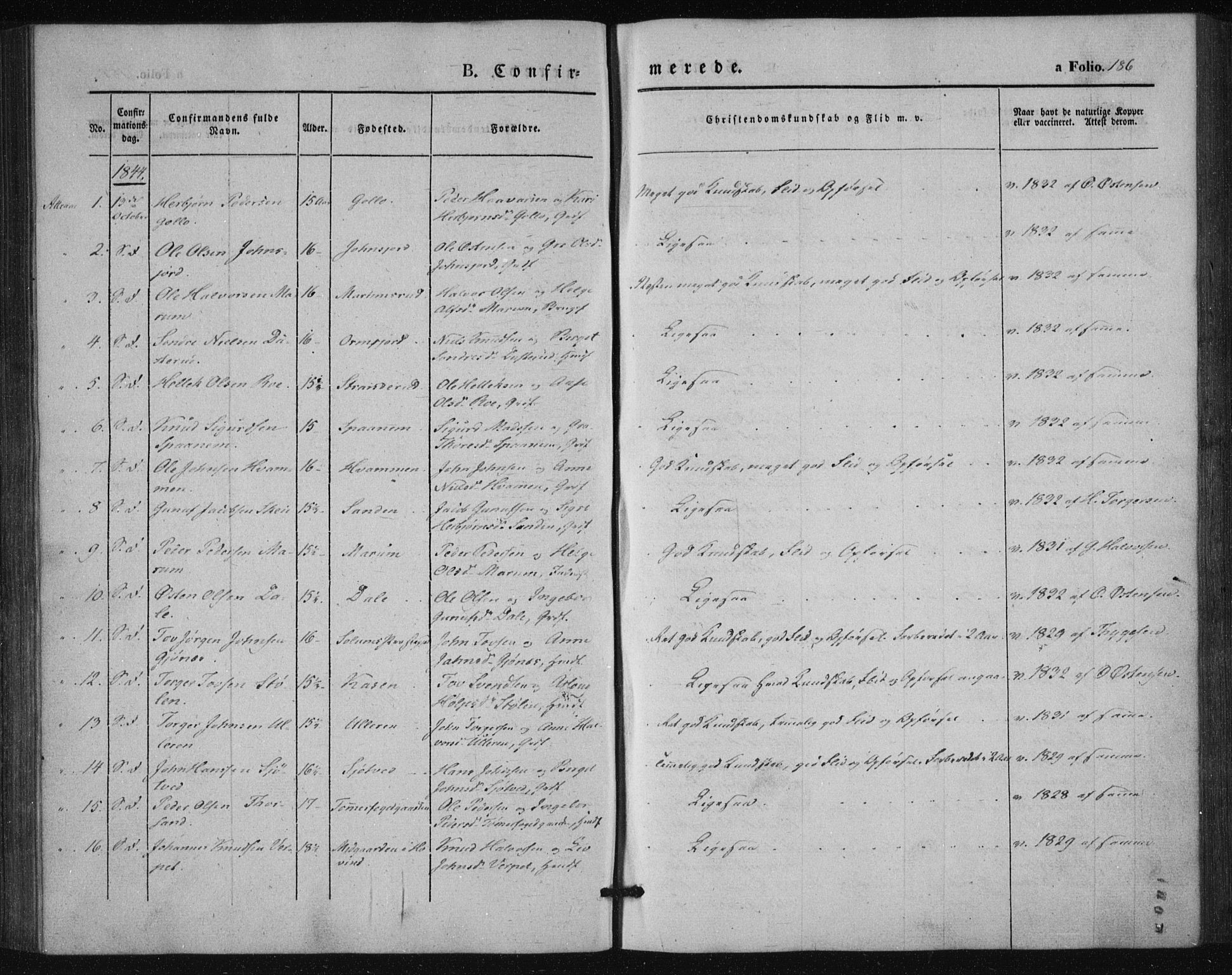 Tinn kirkebøker, SAKO/A-308/F/Fa/L0005: Parish register (official) no. I 5, 1844-1856, p. 186
