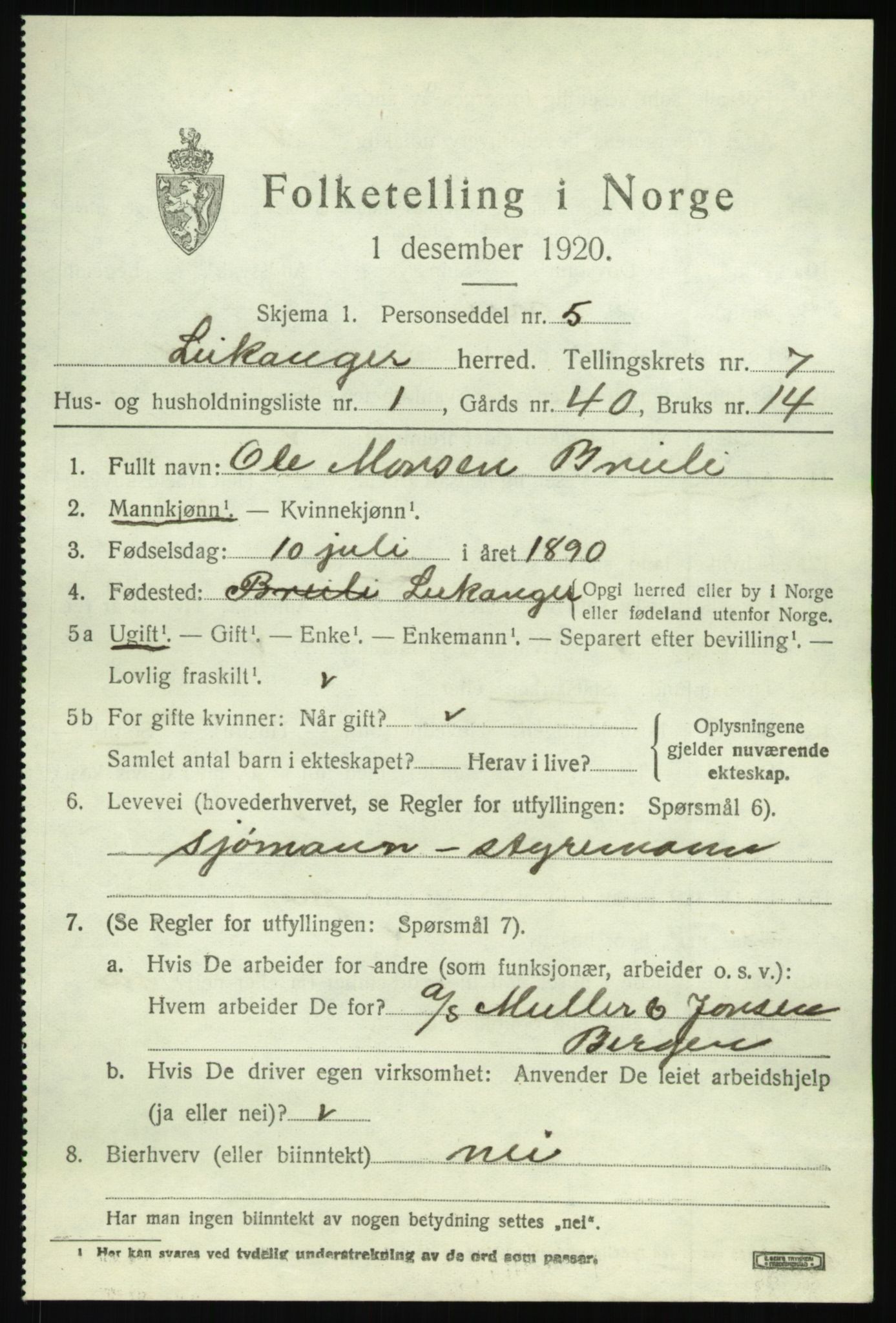 SAB, 1920 census for Leikanger, 1920, p. 4596