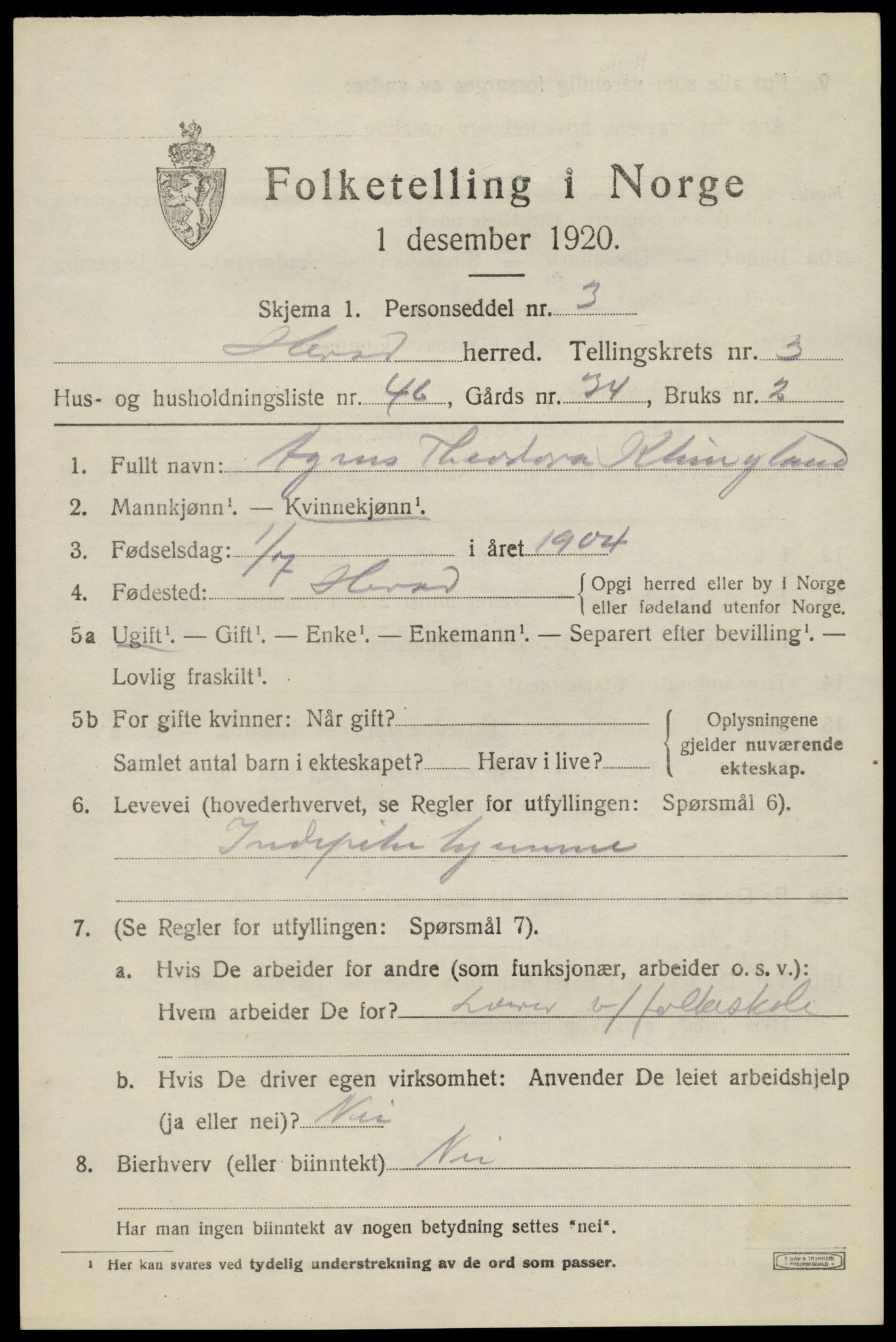 SAK, 1920 census for Herad, 1920, p. 1680