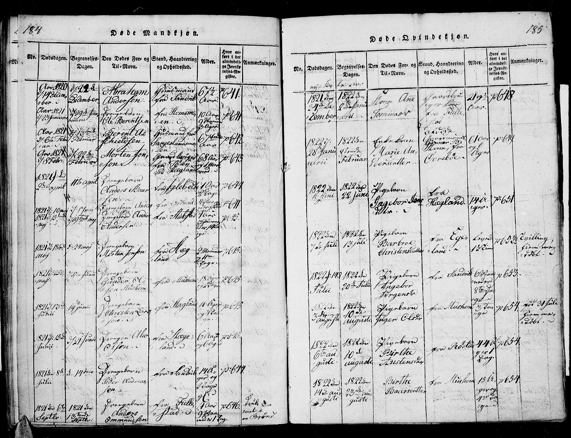 Vennesla sokneprestkontor, SAK/1111-0045/Fa/Fac/L0003: Parish register (official) no. A 3, 1820-1834, p. 184-185