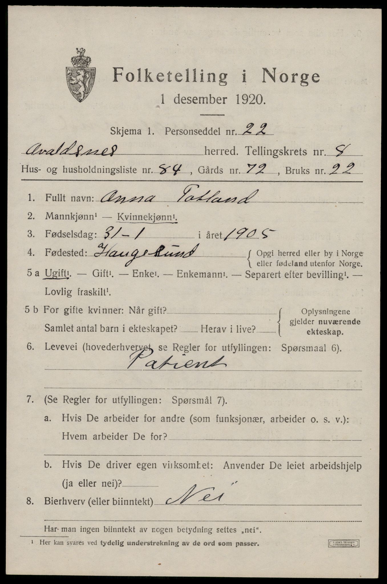 SAST, 1920 census for Avaldsnes, 1920, p. 7105