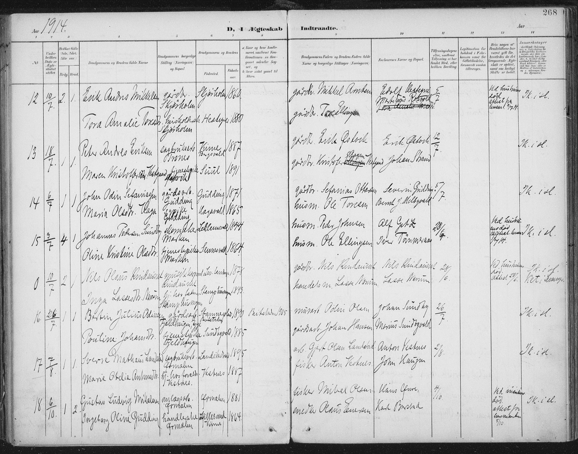 Ministerialprotokoller, klokkerbøker og fødselsregistre - Nord-Trøndelag, AV/SAT-A-1458/723/L0246: Parish register (official) no. 723A15, 1900-1917, p. 268