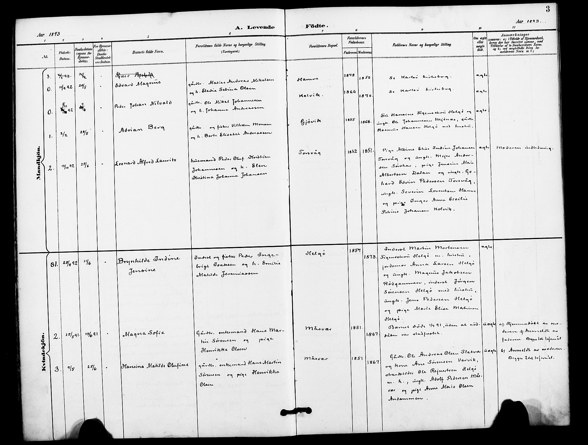 Karlsøy sokneprestembete, AV/SATØ-S-1299/H/Ha/Haa/L0012kirke: Parish register (official) no. 12, 1892-1902, p. 3