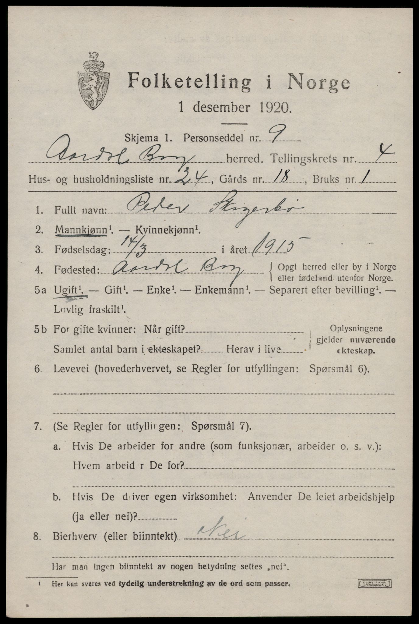 SAST, 1920 census for Årdal, 1920, p. 1470