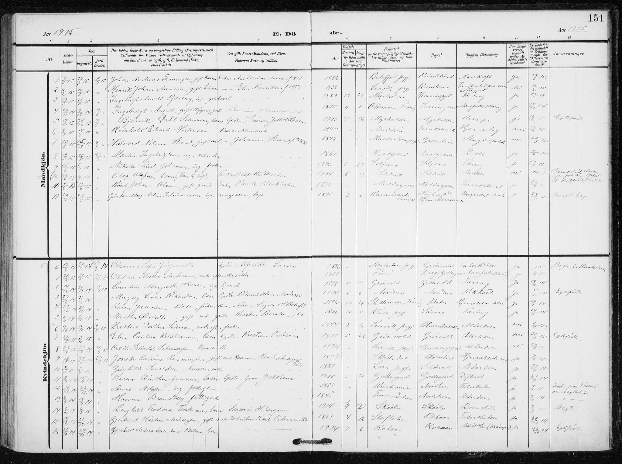 Tranøy sokneprestkontor, SATØ/S-1313/I/Ia/Iaa/L0012kirke: Parish register (official) no. 12, 1905-1918, p. 151