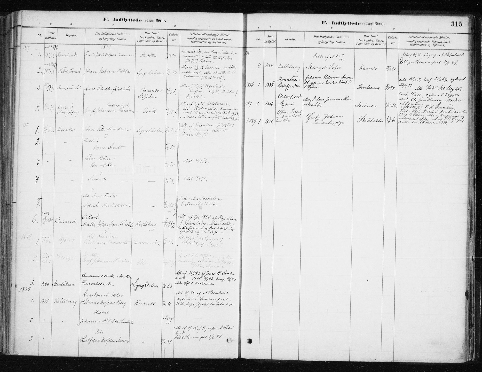 Lyngen sokneprestembete, SATØ/S-1289/H/He/Hea/L0007kirke: Parish register (official) no. 7, 1879-1890, p. 315
