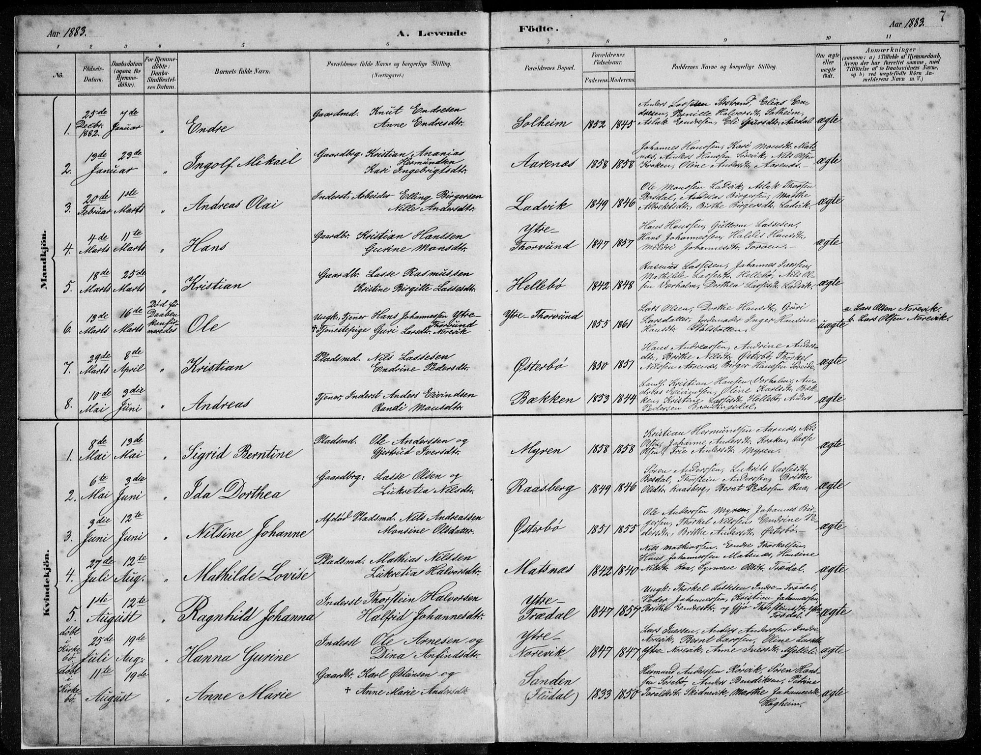 Lavik sokneprestembete, SAB/A-80901: Parish register (copy) no. A 2, 1882-1910, p. 7
