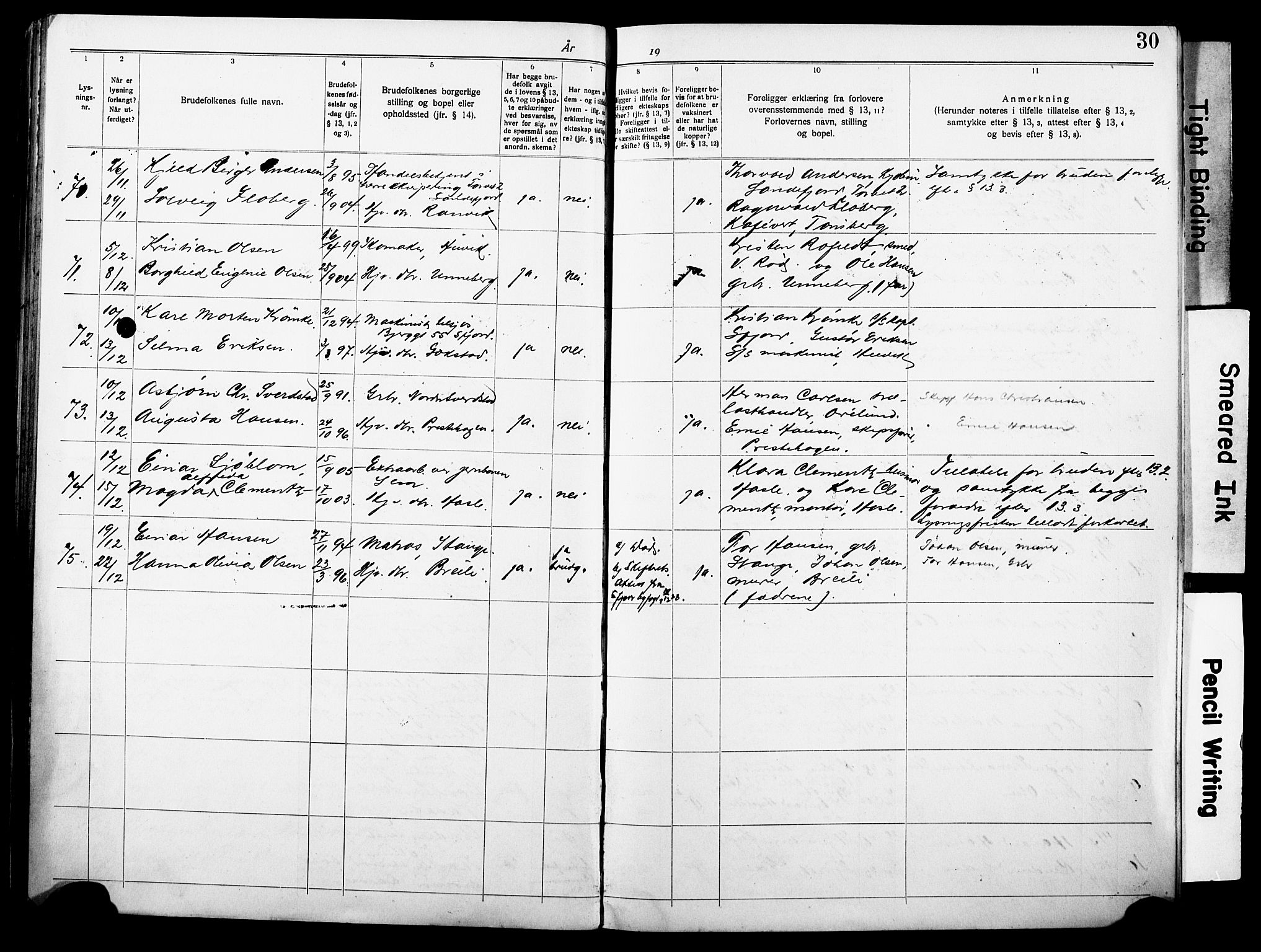 Sandar kirkebøker, SAKO/A-243/H/Ha/L0005: Banns register no. 5, 1919-1931, p. 30