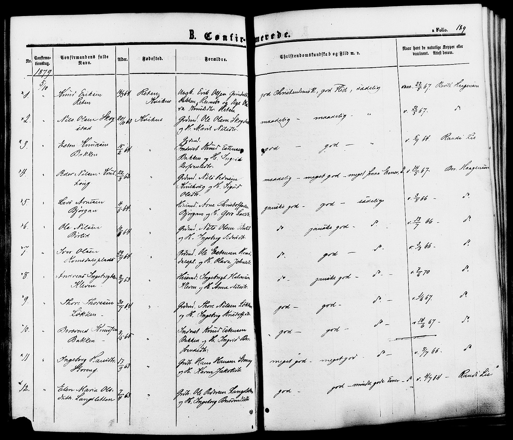 Kvikne prestekontor, SAH/PREST-064/H/Ha/Haa/L0006: Parish register (official) no. 6, 1863-1886, p. 189