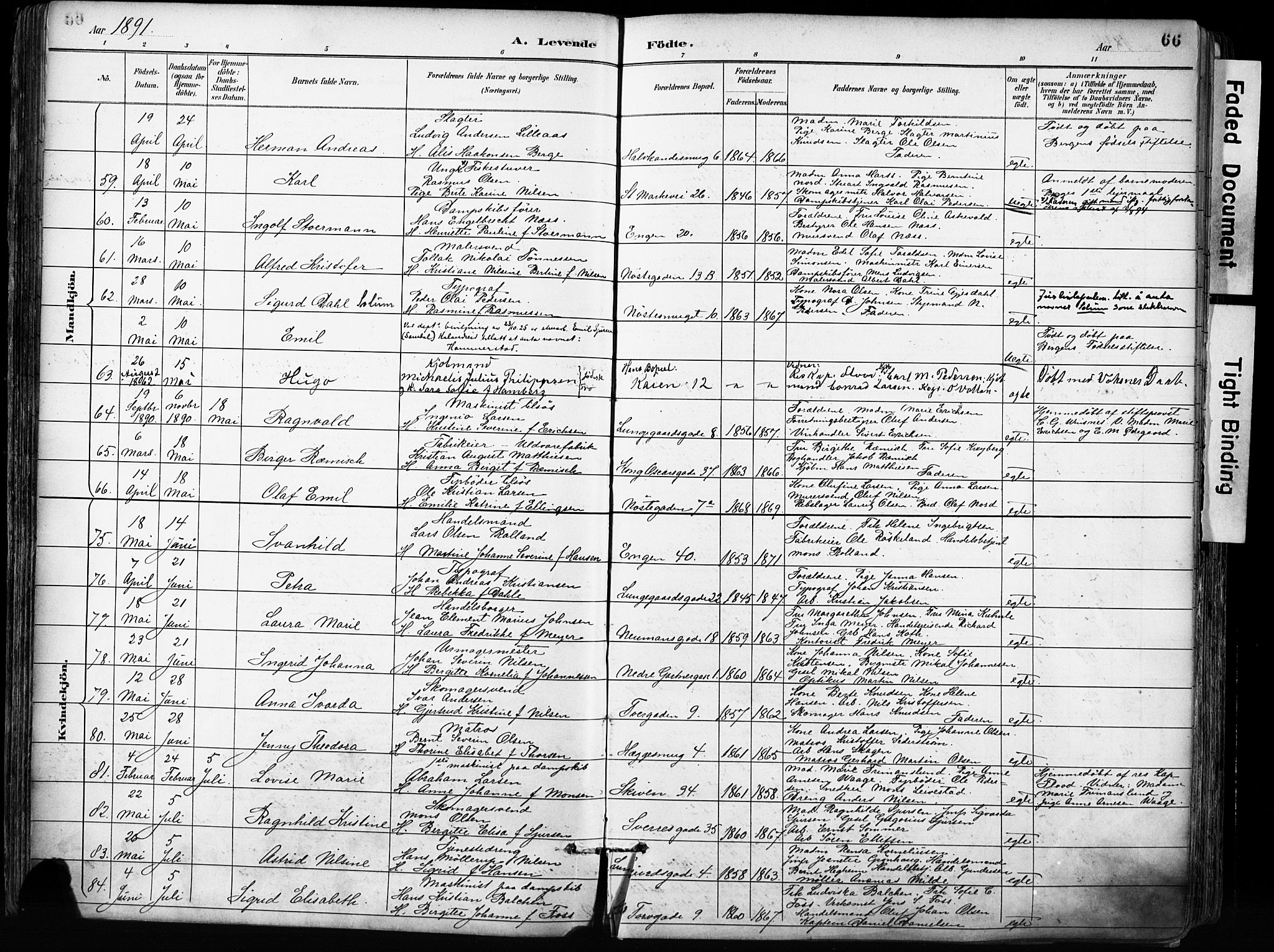 Domkirken sokneprestembete, SAB/A-74801/H/Haa/L0024: Parish register (official) no. B 7, 1888-1903, p. 66