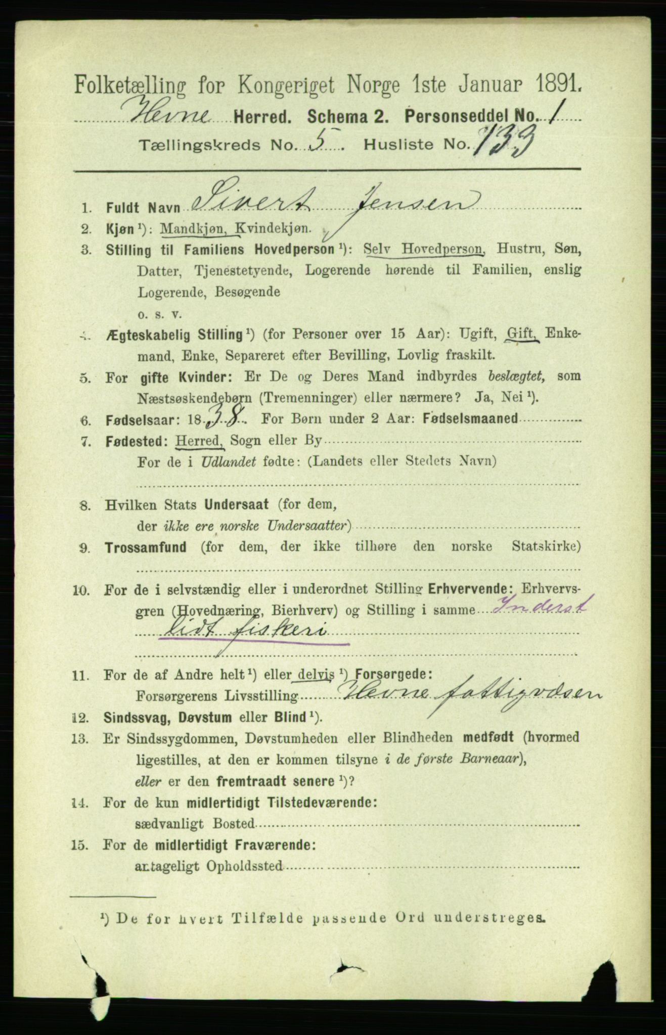 RA, 1891 census for 1612 Hemne, 1891, p. 3309