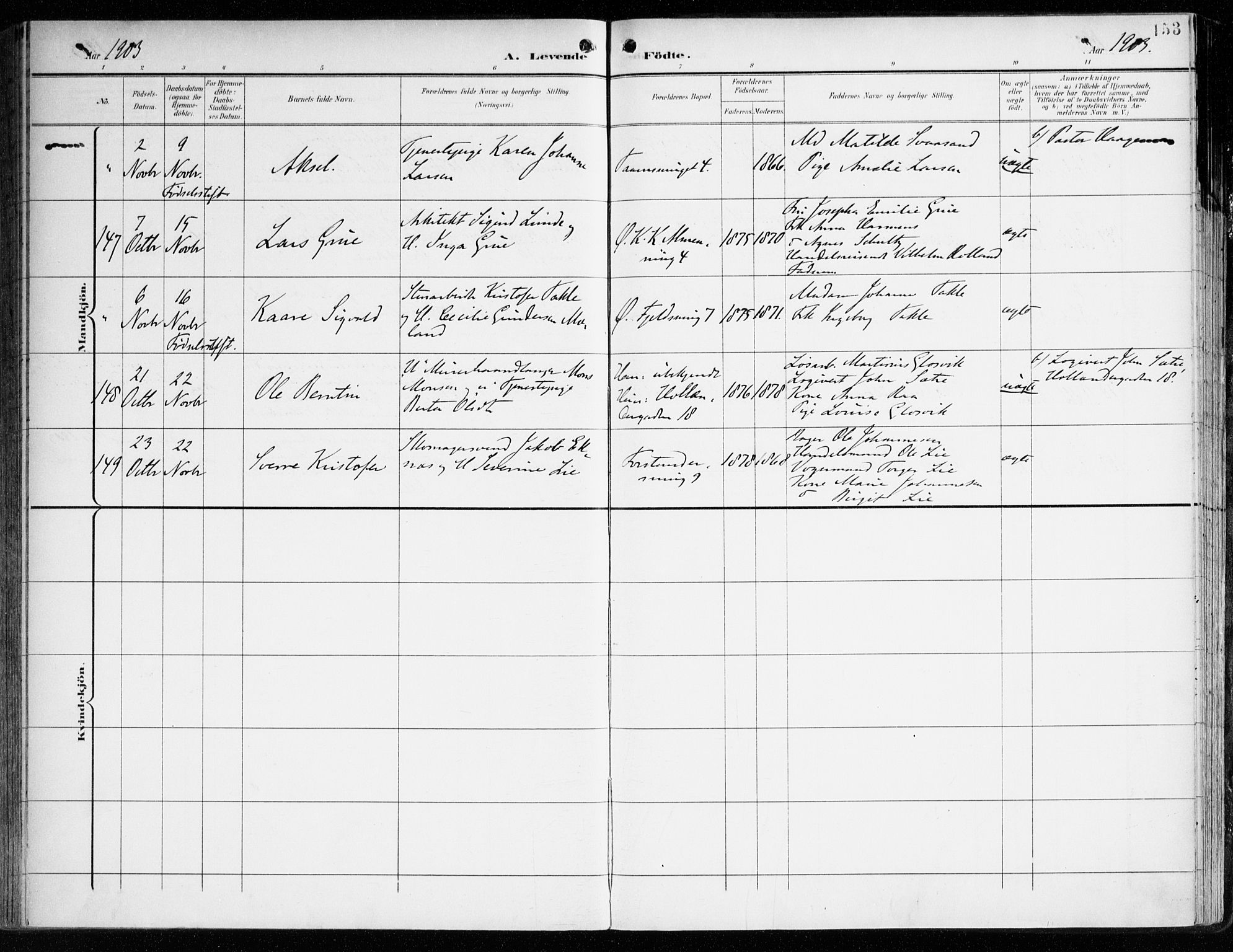 Korskirken sokneprestembete, AV/SAB-A-76101/H/Haa/L0023: Parish register (official) no. B 9, 1899-1908, p. 153
