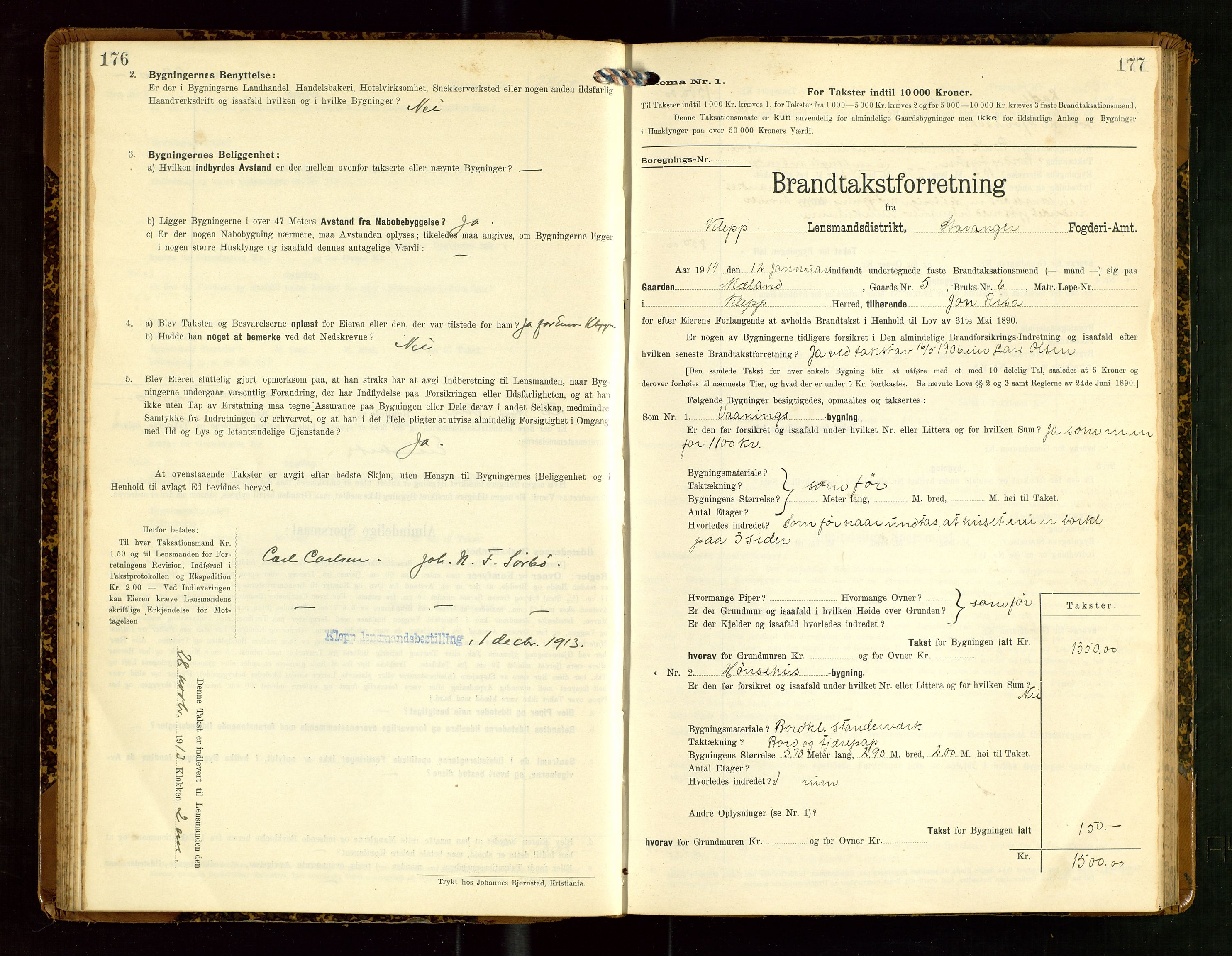 Klepp lensmannskontor, SAST/A-100163/Goc/L0007: "Brandtaxationsprotokol" m/register, 1911-1915, p. 176-177