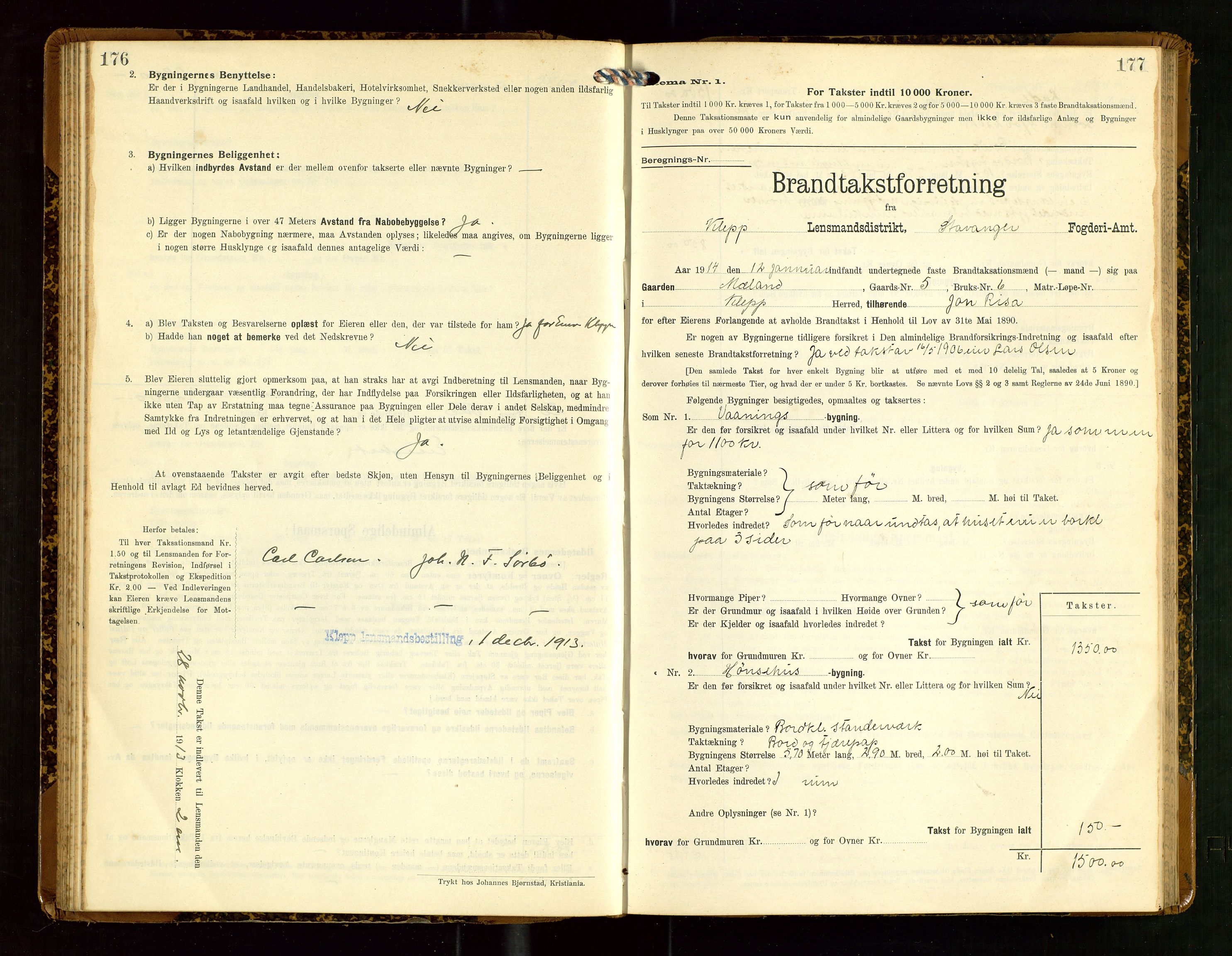 Klepp lensmannskontor, AV/SAST-A-100163/Goc/L0007: "Brandtaxationsprotokol" m/register, 1911-1915, p. 176-177