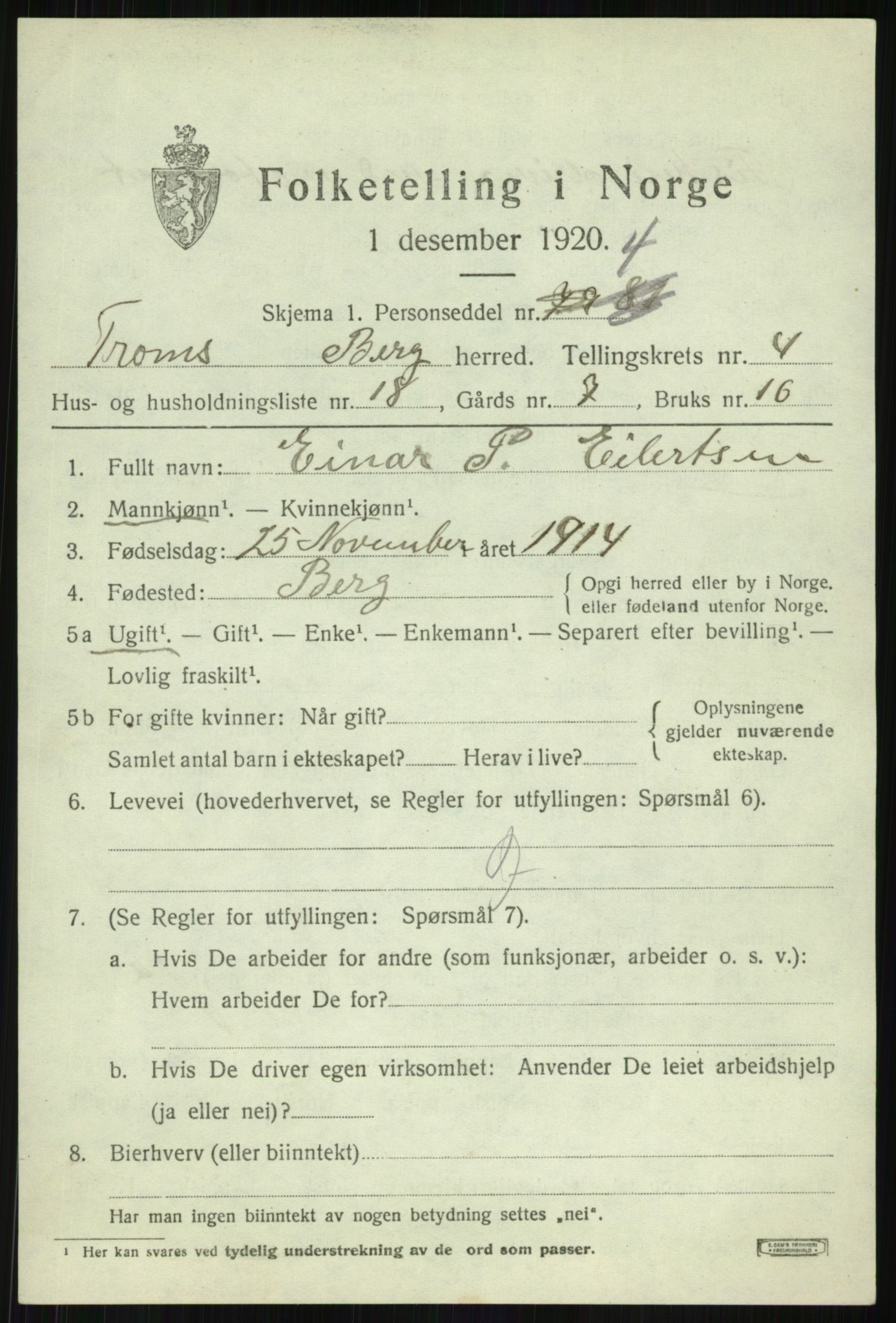 SATØ, 1920 census for Berg, 1920, p. 1696