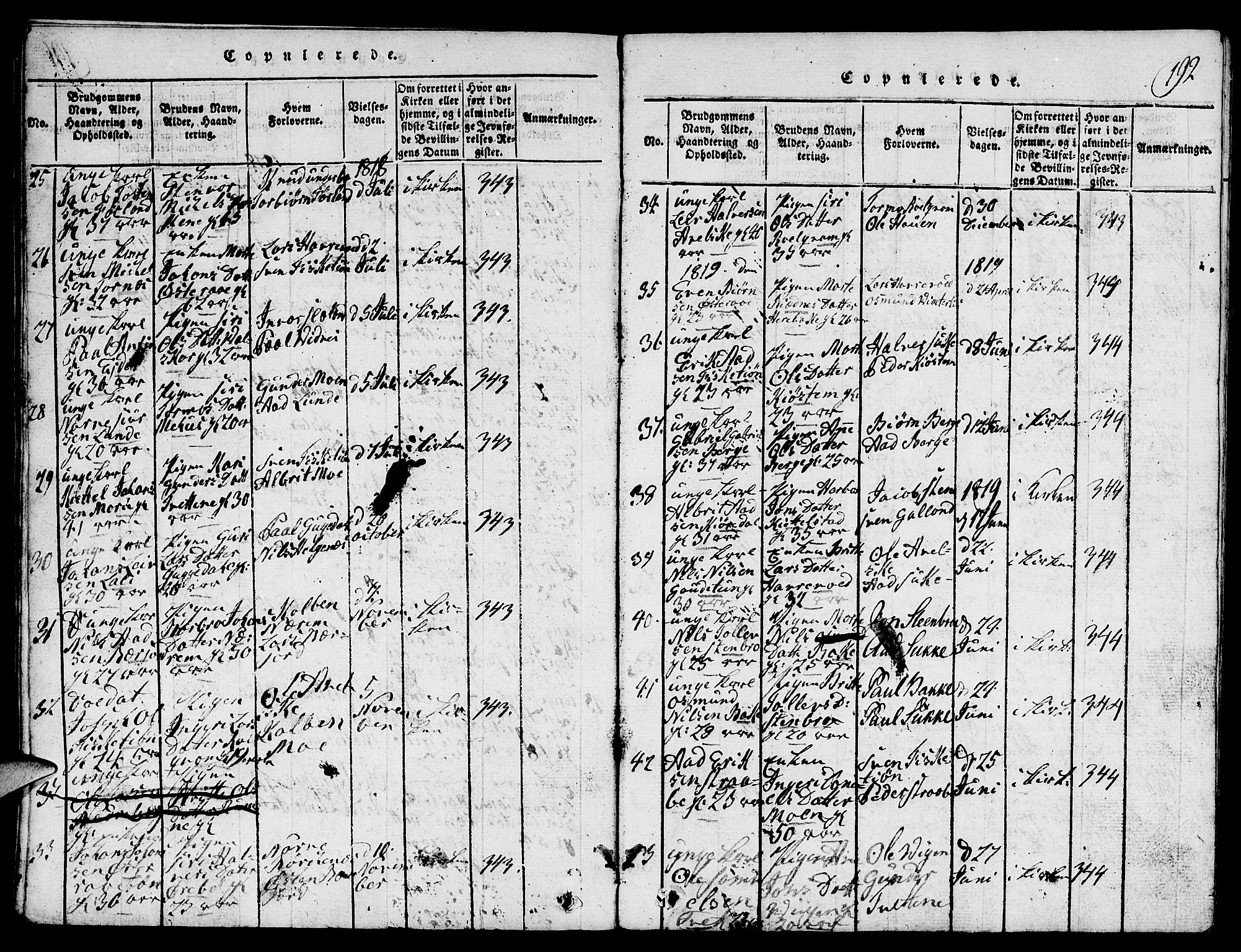 Suldal sokneprestkontor, AV/SAST-A-101845/01/V/L0001: Parish register (copy) no. B 1, 1816-1836, p. 192