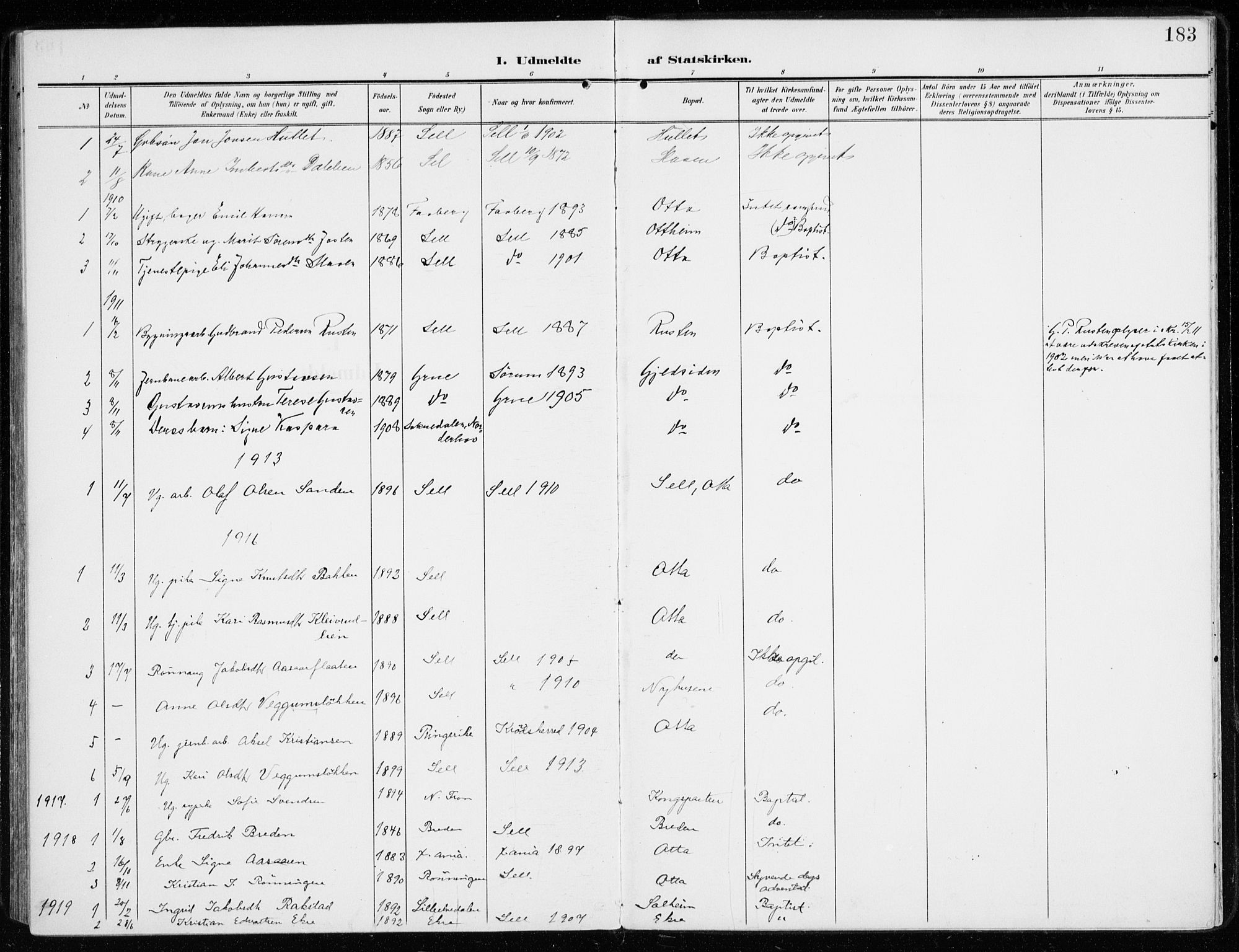 Sel prestekontor, SAH/PREST-074/H/Ha/Haa/L0002: Parish register (official) no. 2, 1905-1919, p. 183