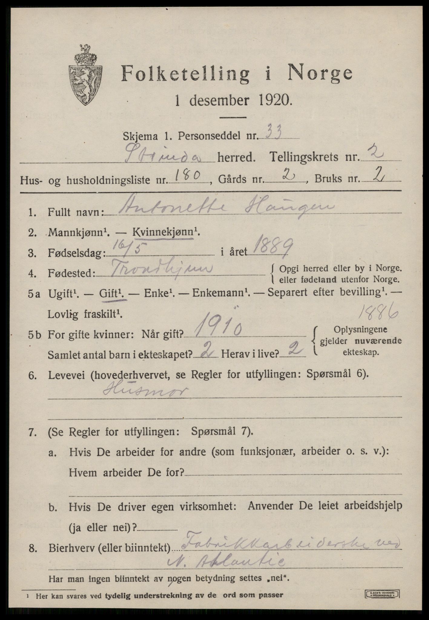 SAT, 1920 census for Strinda, 1920, p. 10262