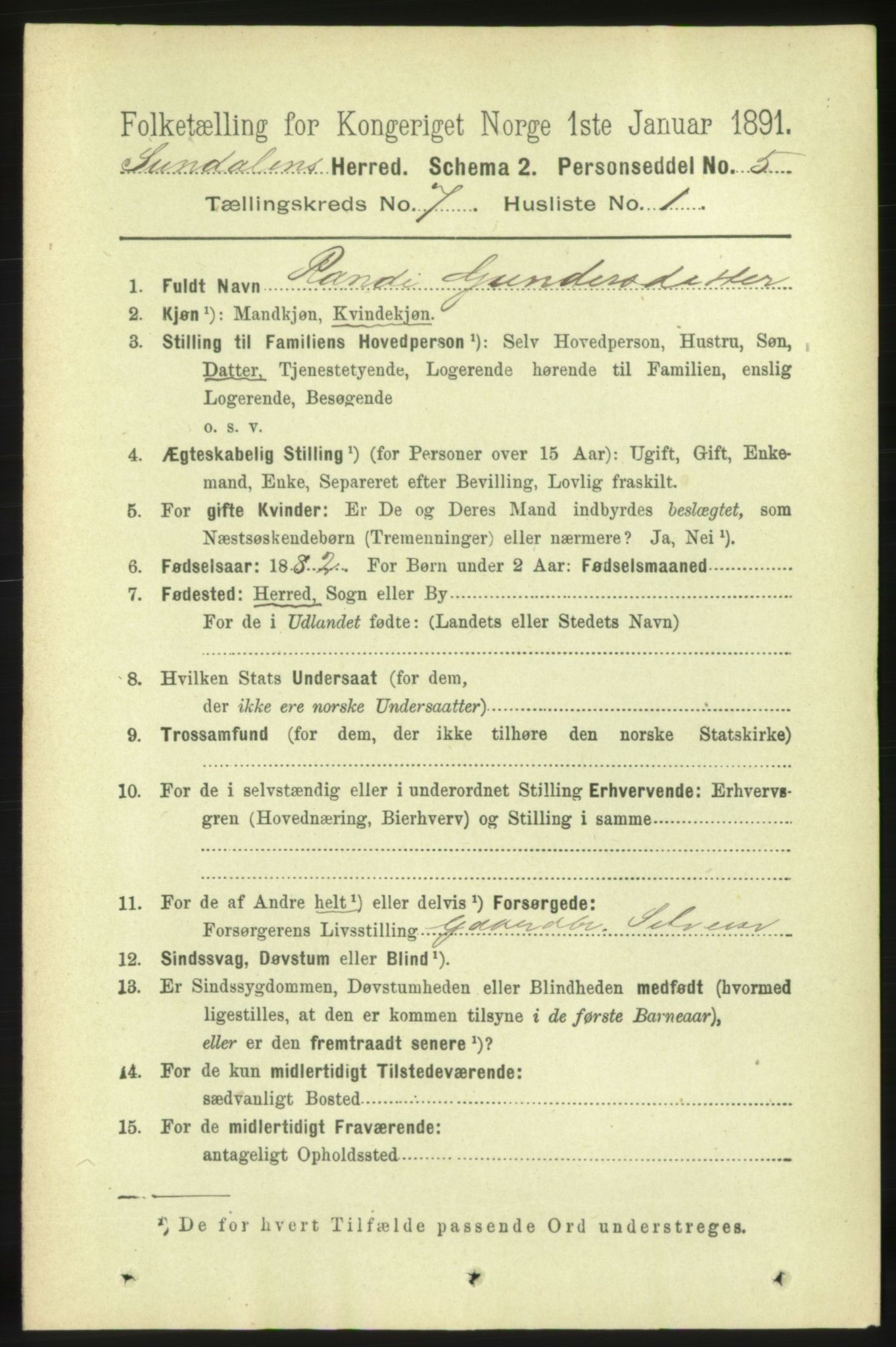 RA, 1891 census for 1563 Sunndal, 1891, p. 1798