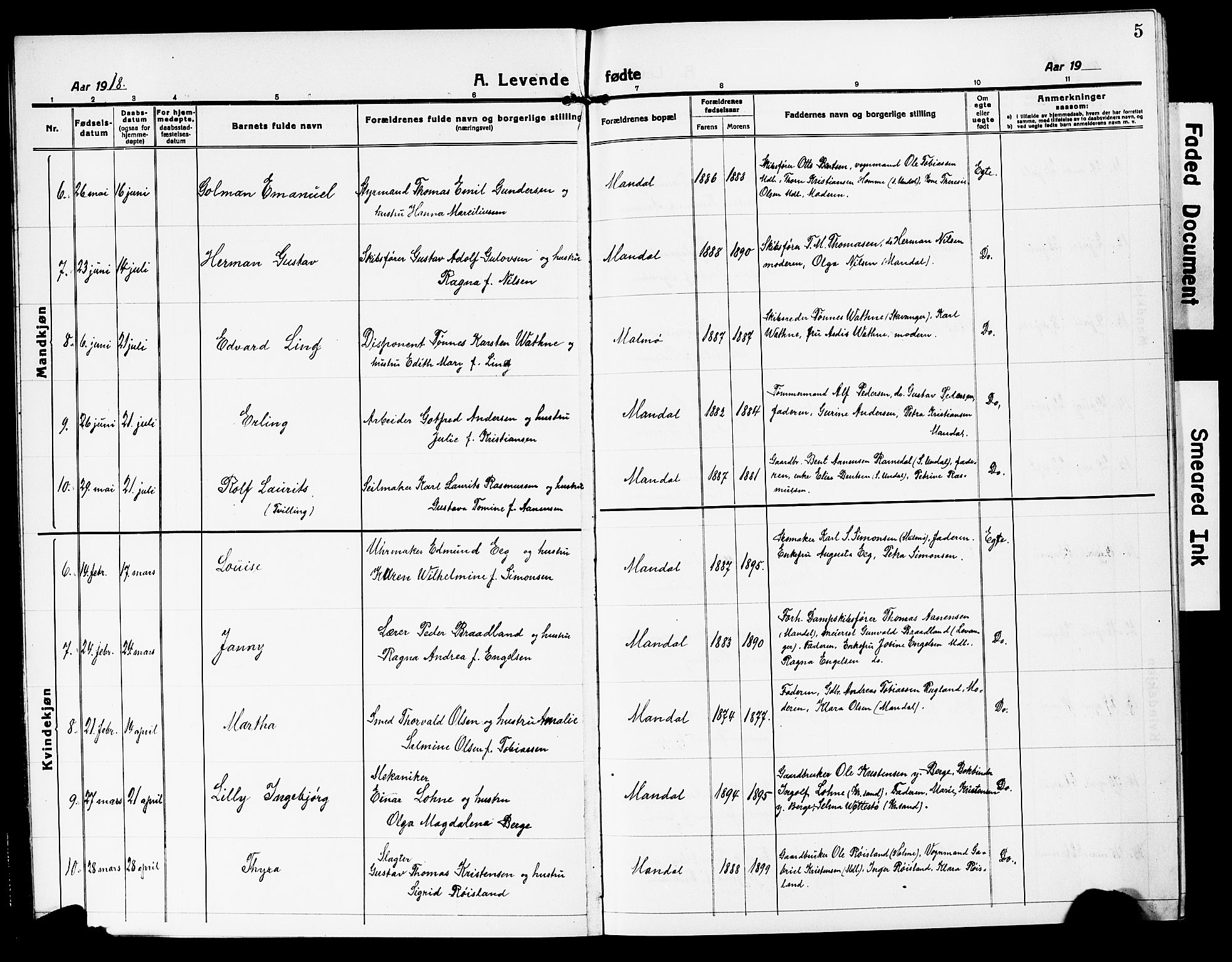 Mandal sokneprestkontor, SAK/1111-0030/F/Fb/Fbc/L0001: Parish register (copy) no. B 1, 1918-1931, p. 5