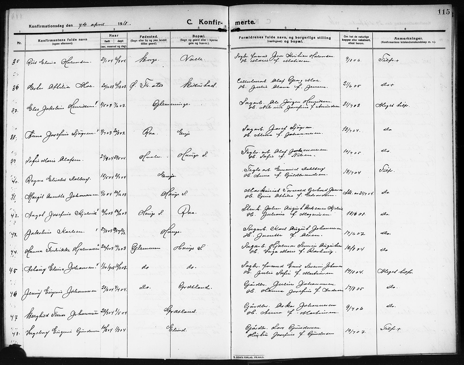 Rolvsøy prestekontor Kirkebøker, AV/SAO-A-2004/G/Ga/L0001: Parish register (copy) no. 1, 1911-1920, p. 115