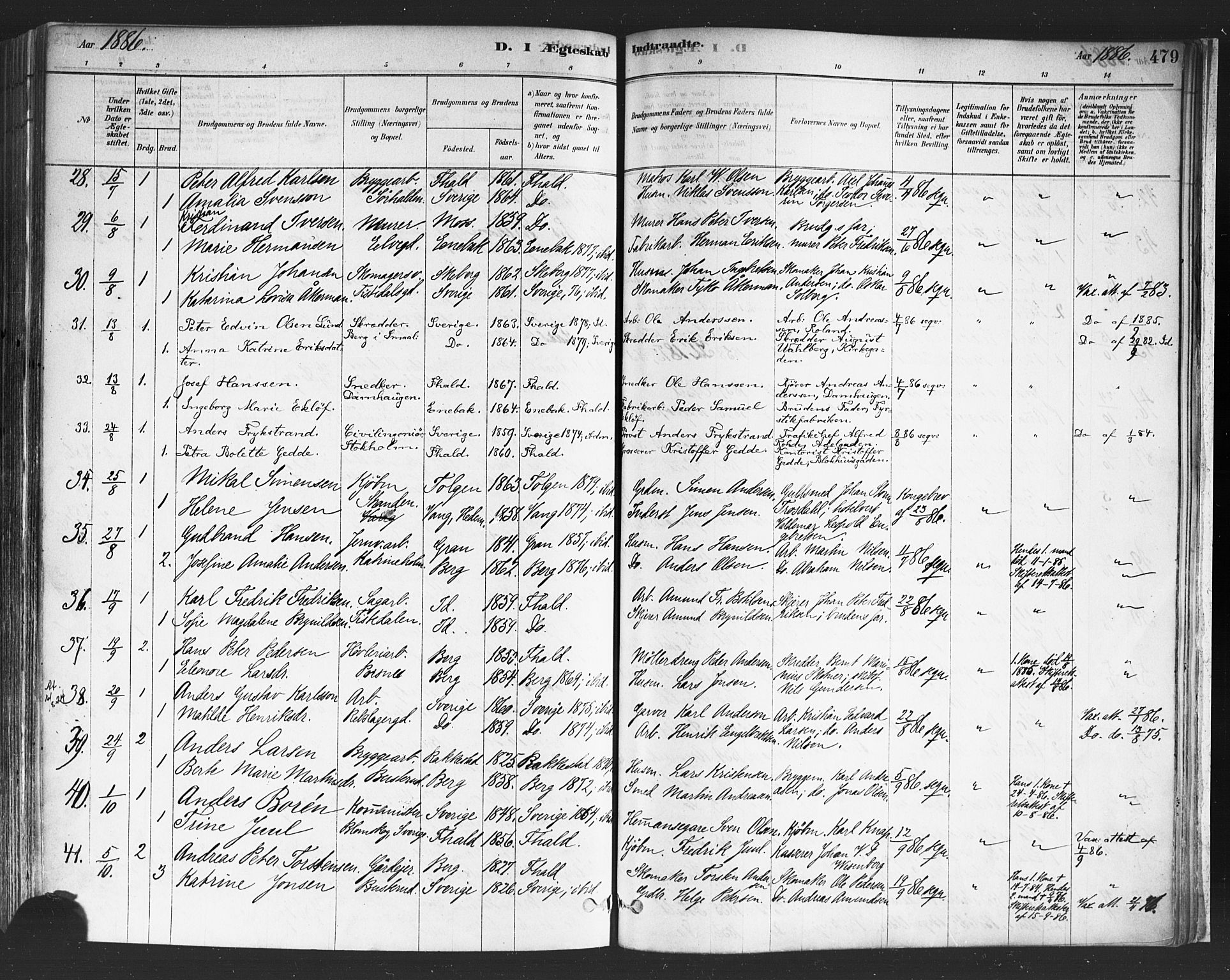 Halden prestekontor Kirkebøker, AV/SAO-A-10909/F/Fa/L0011: Parish register (official) no. I 11, 1878-1889, p. 479