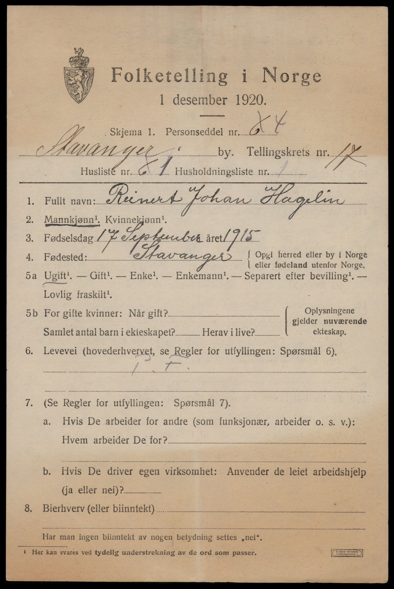 SAST, 1920 census for Stavanger, 1920, p. 65228