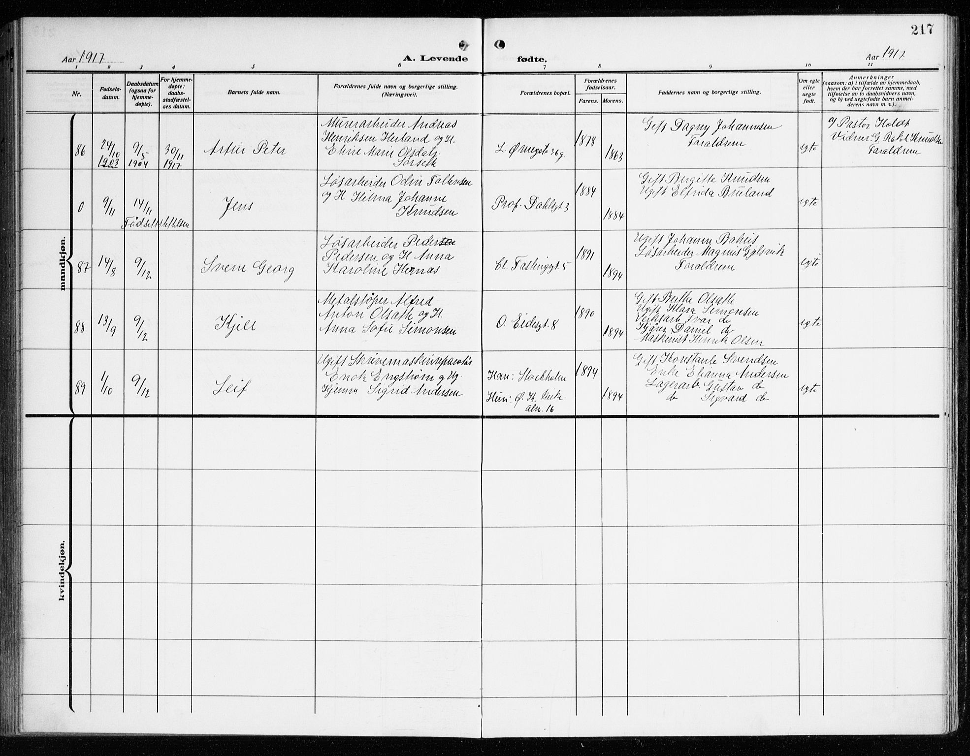 Korskirken sokneprestembete, AV/SAB-A-76101/H/Haa: Parish register (official) no. B 10, 1909-1923, p. 217