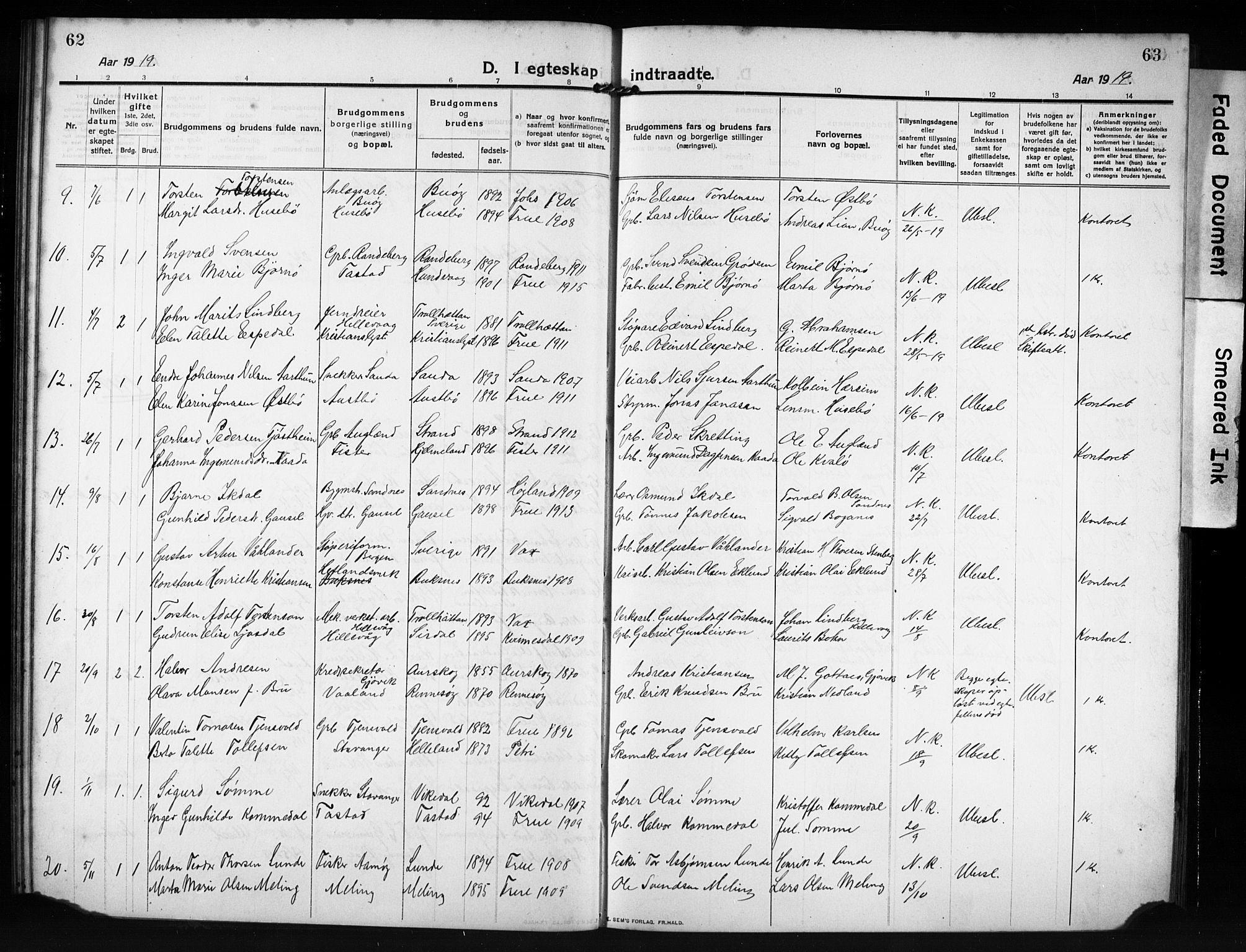 Hetland sokneprestkontor, AV/SAST-A-101826/30/30BB/L0009: Parish register (copy) no. B 9, 1910-1931, p. 62-63