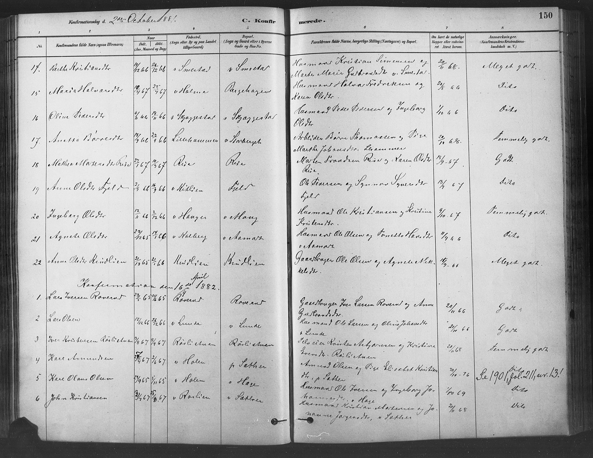 Fåberg prestekontor, SAH/PREST-086/H/Ha/Haa/L0009: Parish register (official) no. 9, 1879-1898, p. 150
