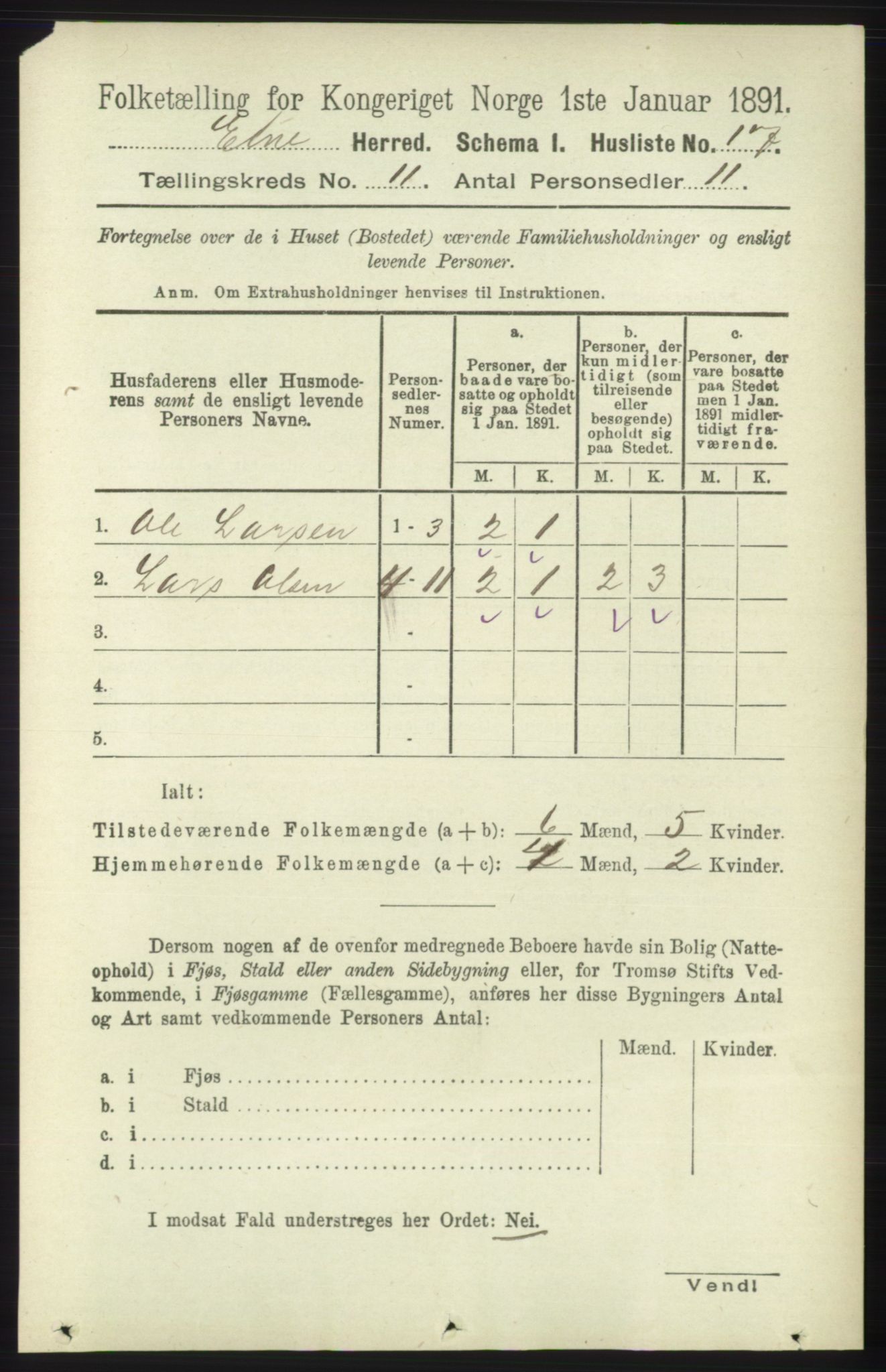 RA, 1891 census for 1211 Etne, 1891, p. 2219